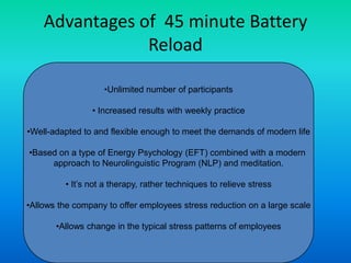 Advantages of  45 minute Battery ReloadUnlimited number of participants