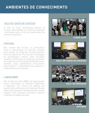 AMBIENTES DE CONHECIMENTO



SALA DE CASOS DE SUCESSO
A Sala de Casos apresentará práticas de
sucesso desenvolvidas por diversas empresas,
contribuindo para a troca de experiências dos
gestores de pessoas.
                                                                    CyBER CAFÉ

OFICINAS
Nas sessões das oficinas, os profissionais
terão a oportunidade de exercitar métodos
para solução de problemas comportamentais,
técnicos e gerenciais. Por meio de metodologias
de aprendizagem coletiva, serão discutidas
questões relacionadas às mudanças eminentes
nos modelos convencionais de Gestão de Pessoas.        SALA DE CASOS DE SUCESSO
Também serão apresentados instrumentos
para melhorar o desempenho dos gestores e
colaboradores nas empresas.



LABOR ABRH
Nas sessões do Labor ABRH, são apresentados
temas relacionados às Relações Trabalhistas                   SALA DE INOVAÇÃO
e legislação. Um universo de debates que
permitirá aos profissionais de Gestão de Pessoas
refletir sobre questões importantes do dia a dia das
relações entre empresas, funcionários, governo,
sindicatos e entidades de classe.




                                                                       OFICINAS
 