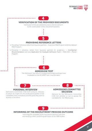 5
PROVIDING REFERENCE LETTERS
7 8
PERSONAL INTERVIEW ADMISSIONS COMMITTEE
DECISION
6
ADMISSION TEST
The Admission Test, which is a logical and analytical English test
(modelled on the US GMAT test), must be taken.
Admissions Committee CSB CUE conducts interview
to obtain an insight into the professional proﬁles of the
candidates, their motivations and the goals they want to
achieve in the future.
Decision by the Admissions Committee
CSB CUE whether or not to accept the
candidate for the MBA studies.
• Providing 2 reference letters from business partners – Executive MBA Program and International
MBA Program.
• Providing 3 reference letters from business partners or academics – Confidential
Recommendation and also Application for Graduate Admission Form – MBA CSB + Master
Program.
9
INFORMING OF THE RECRUITMENT PROCESS OUTCOME
Informing the candidate of the recruitment process outcome
and sending a letter conﬁrming admission to the MBA studies.
4
VERIFICATION OF THE PROVIDED DOCUMENTS
Veriﬁcation of the provided documents and the consent
to the continuation of the recruitment process
POSTGRADUATE STUDIES
MBA StudiES
17
 