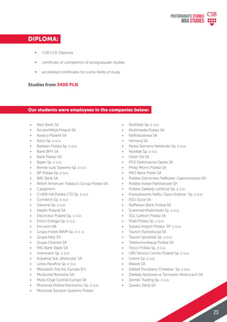 DIPLOMA:
∞ CSB CUE Diploma
∞ certiﬁcate of completion of postgraduate studies
∞ accredited certiﬁcates for some ﬁelds of study
Studies from 3400 PLN
• Alior Bank SA
• ArcelorMittal Poland SA
• Asseco Poland SA
• Astor Sp. z o.o.
• Bahlsen Polska Sp. z o.o.
• Bank BPH SA
• Bank Pekao SA
• Bayer Sp. z o.o.
• Benda-Lutz Skawina Sp. z o.o.
• BP Polska Sp. z o.o.
• BRE Bank SA
• British American Tobacco Group Polska SA
• Capgemini
• CH2M Hill Polska LTD Sp. z o.o.
• ComArch Sp. z o.o.
• Danone Sp. z o.o.
• Delphi Poland SA
• Electrolux Poland Sp. z o.o.
• Enion Energia Sp. z o.o.
• Ericsson AB
• Grupa Hoteli WAM Sp. z o. o.
• Grupa Kęty SA
• Grupa Ożarów SA
• ING Bank Śląski SA
• Intersnack Sp. z o.o.
• Kopalnia Soli „Wieliczka" SA
• Lotos Paraﬁny Sp. z o.o.
• Mitsubishi Electric Europe B.V.
• Mostostal Rzeszów SA
• Mota-Engil Central Europe SA
• Motorola Polska Electronics Sp. z o.o.
• Motorola Solution Systems Polska
• Multifarb Sp. z o.o.
• Multimedia Polska SA
• Naftobudowa SA
• Nitroerg SA
• Nokia Siemens Networks Sp. z o.o.
• Nordlak Sp. z o.o.
• Orlen Oil SA
• PGE Elektrownia Opole SA
• Philip Morris Polska SA
• PKO Bank Polski SA
• Polskie Górnictwo Naftowe i Gazownictwo SA
• Polskie Koleje Państwowe SA
• Polskie Zakłady Lotnicze Sp. z o.o.
• Poszukiwanie Nafty i Gazu Kraków Sp. z o.o.
• PZU Życie SA
• Raiffeisen Bank Polska SA
• Scanmed Multimedis Sp. z o.o.
• SGL Carbon Polska SA
• Shell Polska Sp. z o.o.
• Subaru Import Polska SP. z o.o.
• Tauron Dystrybucja SA
• Tauron Sprzedaż Sp. z o.o.
• Telekomunikacja Polska SA
• Tesco Polska Sp. z o.o.
• UBS Service Centre Poland Sp. z o.o.
• Unimil Sp. z o.o.
• Wawel SA
• Zakład Porcelany Ćmielów Sp. z o.o.
• Zakłady Azotowe w Tarnowie-Mościcach SA
• Zelmer Trading Sp. z o.o.
• Żywiec Zdrój SA
Our students were employees in the companies below:
POSTGRADUATE STUDIES
MBA StudiES
23
 