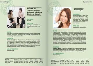 E sp ecializaç ão                                                                                                                                                  Especialização




                                                         Análi se do
                                                         Comportamento                                                                         A ud io lo g i a
                                                         Apli cada à Práti c a
                                                         Clíni ca e Soci al                                                                 CARGA HORÁRIA:
                                                                                                                                            500 horas/aulas - sendo: 400
                                                                                                                                            horas/aulas destinadas ao Nú-
                                                                                                                                            cleo Teórico Específico e 100
                                                         CARGA HORÁRIA:                                                                     horas/aulas ao Núcleo Prático
                                                         360 horas                                                                          Específico, com atendimento
                                                                                                                                            supervisionado a pacientes e vi-
                                                                                                                                            sitas técnicas.
                                                         PÚBLICO-ALVO:
                                                         Psicólogos, assistentes so-
                                                         ciais e profissionais de áreas                                                     PÚBLICO-ALVO:
                                                         afins.                                                                             Graduados em Fonoaudiologia.


                                                                                                OBJETIVO:
            OBJETIVO:                                                                           Proporcionar ao fonoaudiólogo o aprofundamento atualizado de conhe-
            Capacitar os profissionais para atuarem na prática clínica e na área social,        cimento teórico e prático dentro do campo da Audiologia, nas áreas de
            utilizando os recursos tecnológicos da análise do comportamento, sob                prevenção, preservação e reabilitação da audição. Além de conhecimento
            uma orientação behaviorista radical.                                                técnico e científico nas áreas da Audiologia Clínica e Ocupacional, o curso
                                                                                                também fornecerá experiência prática e uma visão empreendedora para
            COORDENAÇÃO:                                                                        que os participantes possam se diferenciar em um mercado tão competi-
            Orlando Velozo Júnior - Especialista em Atendimento Integral à Família.             tivo. Um dos principais diferenciais deste curso é estar em conformidade
            Especialista em Terapia Comportamental. Graduado em Psicologia. Profes-             com a resolução 334/2006 do Conselho Federal de Fonoaudiologia, que ca-
            sor e supervisor de Estágio no curso de Psicologia da Unipac Vale do Aço.           pacita ao fonoaudiológo a pontuação de 40 pontos no concurso de provas
            Jeceni Alcina Gonçalves Lopes - Mestre em Meio Ambiente e Sustentabili-             e títulos, com o objetivo de obtenção do título de especialista nesta área.
            dade. Especialista em Psicopedagogia. Graduada em Psicologia. Coordena-
            dora e professora do curso de Psicologia da Unipac Vale do Aço.
                                                                                                COORDENAÇÃO:
                                                                                                Claudiane Santana - Mestre em Ciência da Motricidade Humana. Especia-
            LOCAL DE FUNCIONAMENTO:                                                             lista em Audiologia. Graduada em Fonoaudiologia. Docente dos cursos de
            Unipac Ipatinga                                                                     Fonoaudiologia, Engenharia Química e Farmácia da Unipac Vale do Aço.

                                                                                                LOCAL DE FUNCIONAMENTO:
                                                                                                Unipac Ipatinga


        PARCELAS:          À vista   3x              6x          12 x     18 x     24 x
                                                                                            PARCELAS:          À vista   3x              6x         12 x     18 x     24 x
        VALOR DA PARCELA: R$ 5.889 R$ 2.007        R$ 1.015     R$ 529   R$ 368   R$ 281
                                                                                            VALOR DA PARCELA: R$ 6.394 R$ 2.179        R$ 1.102    R$ 575   R$ 399   R$ 305
        VALOR TOTAL:      R$ 5.889 R$ 6.021        R$ 6.090    R$ 6.348 R$ 6.624 R$ 6.744
                                                                                            VALOR TOTAL:      R$ 6.394 R$ 6.537        R$ 6.612   R$ 6.900 R$ 7.182 R$ 7.320
 