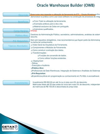 Ciclo de Vida do Data WarehouseEsse treinamento divide o Ciclo de Vida de um Data Warehouse em partes menores que possam ser melhor analisadas e explicadas. O Modelo de Dados e o ETL são partes de todo um processo que inicia com o planejamento do Data Warehouse e termina as tarefas de manutenção e disponibilização dos dados.Esse treinamento demonstra uma metodologia para construção de DW, desde o Planejamento do Projeto até a entrega final.Curso:Carga Horária:8 horas• Usuários de informática.• Pessoas interessadas em BI e DW• Administradores de SistemasPúblico Alvo:Pré-Requisitos:• Sem Pré-requisitos• Conhecimentos de Banco de Dados e Modelagem de Dados.• Ter concluído o Curso de Introdução ao DW/BIPré-Requisitos Recomendados:Tópicos Abordados:Planejamento do Projeto