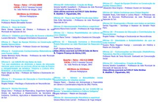 Oficina 17 – Papel da Equipe Diretiva na Construção da
              Terça – feira – 1º/12/2009                    Oficina 09 -Informática- Criação de Blogs                Gestão Democrática
              LOCAL: E.M.E.F Vanessa Ceconet                Simone Serafim Guisalberti – Professora da rede Municipal Alexandre Silva Virginio – Professor Doutor em Sociologia
              Av. João Pereira de Vargas, 2843              de Educação de Sapucaia do Sul.
                                                            (Esta oficina ocorrerá na E.M.E.F Júlio Ströher          Oficina 18- Idéias Inclusivas para Classe Regular
                 18h30min às 21h30min                       R. Atalíbio T. Figueiredo, 04)                           Elisabete Rossi, Evle Kasse e Lorena Maycá – Professoras das
                    Oficinas Pedagógicas                                                                             Salas de Recursos Multifuncionais da rede Municipal de
                                                           Oficina 10 - Faça o seu Papel! Grude essa Idéia!
Oficina 1- Educação Popular                                Elda Edite Bernardes – Professora da rede Municipal deSapucaia do Sul.
Professora Mestre Bernadete Konzen                         Sapucaia do Sul.                                          Oficina 19- Enxergando o Mundo com todos os sentidos
                                                           Oficina 11-Harmonização Psicofísica e espiritual          Santos Fagundes – Sociólogo e Assessor do Senador Paulo
Oficina 2 - Hora do Conto
Maria Denise Cataneo de Oliveira – Professora da rede      Silvana Maria Enick Carniel – Professora de Yoga Integral Paim.
Municipal de Sapucaia do Sul.
                                                           Oficina 12 – Outras Possibilidades de Leitura doOficina 20 - Processos da Educação e Contribuições da
                                                                                                                     Neurociências
 Oficina 3 - Didática para Educação de Jovens e Adultos Livro Didático
Luciane Bernardo – Pedagoga-Orientadora Educacional        Ivaine Maria Tonine – Geógrafa e Doutora em Educação Ângela Freitas – Psicóloga e Doutoranda em Neurociências.
                                                                                                                     Oficina 21- Identidade e Subjetividades: do que se
Oficina 4 - Papel da Equipe Diretiva na Construção da      Oficina 13 – Educação Inclusiva e Diversidade:trata mesmo?
Gestão Democrática                                         Práxis Educativa na rede Municipal de Sapucaia doSusana Maria Reggiani Huerga – Licenciada em História e
Alexandre Silva Virginio – Professor Doutor em Sociologia  Sul.                                                      Mestre em Educação
                                                           Profª. Doutora Marilene Cardoso
Oficina 5 - Construindo Conhecimentos Matemáticos de       (Esta oficina ocorrerá na E.M.E.B João de Barro           Oficina 22 - Comunicações na Educação (Radiofônica,
uma Forma Lúdica                                           R. Trajano Proença de Abreu,134)                          Televisiva, Escrita e Cibernética)
Janete Berenice Hortiz Mendes - Professora da rede Municipal                                                         Professor Paulo de Tarso Riccordi- Graduado em Comunicação
de Sapucaia do Sul                                                                                                   Social
                                                                       Quarta – feira – 02/12/2009
Oficina 6 - Lei 10639/03 nas Salas de Aula                                LOCAL: E.M.E.F Vanessa Ceconet
“Lei que estabelece as diretrizes e bases da educação                                                                 Oficina 23 - Informática- Criação de Blogs
                                                                          Av. João Pereira de Vargas, 2843            Simone Serafim Guisalberti – Professora da rede Municipal de
nacional, para incluir no currículo oficial da rede de Ensino
a obrigatoriedade da temática "História e Cultura Afro-                                                               Educação de Sapucaia do Sul.
                                                                             18h30min às 21h30min                     (Esta oficina ocorrerá na E.M.E.F Júlio Ströher
Brasileira", e dá outras providências.”                                         Oficinas Pedagógicas
Paulo Sérgio da Silva – Professor de História e Doutorando em                                                         R. Atalíbio T. Figueiredo, 04)
Educação
                                                             Oficina 14 - Gênero e Sexualidade: novas
Oficina 7 – Processos da Educação e Contribuições da         possibilidades de relações sociais
Neurociências                                                Elisiane Pasini – Doutora em Antropologia e Especialista
Ângela Freitas – Psicóloga e Doutoranda em Neurociências     em Gênero e Coordenadora Adjunta da ONG Themis.

Oficina 8 - Hortas Escolares                                Oficina 15 - Implementação da Lei 11645/08 na
Sérgio Viero – Professor de Matemática, Engenheiro Agrícola e
                                                            escola: “a temática História e Cultura Indígena”
Diretor de Agricultura e Abastecimento da Secretaria da     Ângela Hofmann – Mestre em Educação
Indústria, Comércio, Agricultura e Abastecimento de Sapucaia
do Sul.                                                     Oficina 16 -Harmonização Psicofísica e espiritual
                                                            Silvana Maria Enick Carniel – Professora de Yoga Integral
 