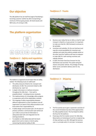 Our objective
The LNG platform has set itself the target of facilitating a
launching customer coalition by 2015 incorporating a
minimum of 50 sea-going vessels, 50 inland vessels and
500 trucks, all running on LNG.
The platform organization
Taskforce 1 - Safety and regulation
The taskforce is organized around topics that are safety
related. The following issues are addressed:
 The safety measures linked to the transport and
distribution of LNG. The constraints linked to LNG
distribution by road / rail.
 In-depth information on methane emissions
throughout the LNG chain – from well to
propeller/wheel – including emission standards.
 The implementation of a knowledge safety program
in cooperation with all the stakeholders involved.
 The mapping of safety responsibilities between
different organizations so that if problems arise all
organization are aware of the safety procedures and
know where their responsibilities lie.
 A safety design communication plan. On the basis of
previous activities a communication plan will be set
up in order to ensure that all information is
adequately dealt with and integrated into the
existing procedures.
 To establish an LNG Safety Deal with the Dutch
government and to create an interim policy
concerning the external safety of LNG.
Taskforce 2 - Trucks
 Business case: today the tax on LNG as a fuel for road
transport is fixed for a 5-year period. It is important
to make sure that the LNG framework continues to
be workable.
 Incentives and subsidies. On the one hand we must
map the current possibilities for incentives and
subsidies and make that publicly available whilst on
the other hand the Taskforce will have to endeavor
to make LNG fit in with existing incentives and
subsidy schemes.
 In 2014, the Green Deal Zero Emission for City
Distribution was launched. The system will grant
cleaner and quieter vehicles the privilege of having
better access and better delivery slots for city
distribution.
Taskforce 3 - Shipping
 The first activity was to gain a systematic overview of
the current limitations but also of the opportunities
for LNG propelled vessels. This has helped to define
the focus for the taskforce.
 Financing is the first market concern for LNG ships.
Many banks are hesitating to fund the re-engineering
of ships wishing to use LNG. Although the business
case is in principle valid, it is not clear to everyone
 
