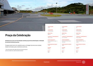 Ambiente ao ar livre com formatação variada que permite ambientação e realização
de eventos de diversos portes.
O espaço possui piso com resistência para a montagem de estruturas variadas
(desde iluminação, palco e banheiros químicos).
* Para informações sobre vagas adicionais de estacionamento,
entre em contato com o setor de eventos da Arena.
Praça da Celebração
LOCALIZAÇÃO
Leste
CAPACIDADE
27.000 pessoas
ÁREA TOTAL
8987m².
LARGURA X COMPRIMENTO
195 x 61,75m.
ESTACIONAMENTO
Estacionamentos Leste 1 e
Leste 2.
QUANTIDADE DE VAGAS
1135*.
ACESSO
Térreo.
WI-FI
Não.
LOCALIZAÇÃO
Oeste
CAPACIDADE
19.800 pessoas
ÁREA TOTAL
6617m².
LARGURA X COMPRIMENTO
221,7 x 30,18m.
ESTACIONAMENTO
Estacionamentos Oeste e
Noroeste.
QUANTIDADE DE VAGAS
2584*.
ACESSO
Térreo.
WI-FI
Não.
LOCALIZAÇÃO
Sul
CAPACIDADE
67.000 pessoas
ÁREA TOTAL
22335m².
LARGURA X COMPRIMENTO
185,9 x 96,6m.
ESTACIONAMENTO
Estacionamentos Leste 1 e
Leste 2.
QUANTIDADE DE VAGAS
1135*.
ACESSO
Térreo.
WI-FI
Não.
3. ESPAÇOS | EVENTOS
ÍNDICE Imprimir
 