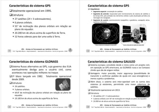 Características do sistema GPS
Características do sistema GPS
Totalmente operacional em 1995.
Estrutura:
 27 satélites (24 + 3 sobressalentes).
 6 planos orbitais.
 55° de inclinação dos planos orbitais em relação ao
plano do equador.
GPS - Sistema de Posicionamento por Satélites Artificiais
17
plano do equador.
 20.200 km de altura acima da superfície da Terra.
 12 horas siderais para dar uma volta à Terra.
Prof. Tiago Badre Marino – Geoprocessamento - Departamento de Geociências – Instituto de Agronomia - UFRRJ
Características do sistema GPS
Características do sistema GPS
 Arquitetura:
 Segmento espacial: constelação de satélites
 Segmento de controle: responsável pelo monitoramento do sistema de satélites e
do tempo GPS, pela predição dos elementos orbitais e pela atualização periódica da
mensagem de navegação.
 Segmento de usuário: posicionamento topográfico e geodésico, navegação aérea,
marítima e terrestre.
GPS - Sistema de Posicionamento por Satélites Artificiais
18 Prof. Tiago Badre Marino – Geoprocessamento - Departamento de Geociências – Instituto de Agronomia - UFRRJ
Planos orbitais da constelação do sistema GPS Forma e dimensão do satélite do sistema GPS
Características do sistema GLONASS
Características do sistema GLONASS
Sistema Russo alternativo ao GPS, cujo governo dos EUA
eventualmente desliga para o usuário civil, como
aconteceu nas operações militares no Iraque.
1º bloco lançado em 1982. Totalmente operacional
desde 2009.
Estrutura:
GPS - Sistema de Posicionamento por Satélites Artificiais
19
Estrutura:
 24 satélites.
 3 planos orbitais.
 64.8° de inclinação dos planos orbitais em relação ao plano do
equador.
 19.100 km de altura acima da superfície da Terra.
Prof. Tiago Badre Marino – Geoprocessamento - Departamento de Geociências – Instituto de Agronomia - UFRRJ
Características do sistema GALILEO
Características do sistema GALILEO
 Sistema europeu concebido desde o início como um projeto civil,
em oposição ao GPS americano, ao GLONASS russo e ao Compass
chinês que são de origem militar.
 Vantagens: maior precisão, maior segurança (possibilidade de
transmitir e confirmar pedidos de ajuda em caso emergência) e
menos sujeito a problemas.
 Além disso, o sistema será inter-operável com os outros dois
sistemas já existentes, permitindo uma maior cobertura de
GPS - Sistema de Posicionamento por Satélites Artificiais
20
sistemas já existentes, permitindo uma maior cobertura de
satélites.
 Totalmente operacional em 2013.
 Estrutura:
 30 satélites (27 + 3 sobressalentes).
 3 planos orbitais com 56° de inclinação em relação ao plano do equador.
 24.000 km de altura acima da superfície da Terra.
Prof. Tiago Badre Marino – Geoprocessamento - Departamento de Geociências – Instituto de Agronomia - UFRRJ
 