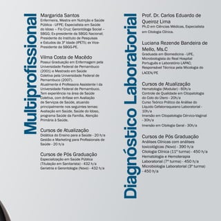 Margarida Santos                                                       Prof. Dr. Carlos Eduardo de




                                                            Diagnóstico Laboratorial
Multiprofissional
                Enfermeira, Mestra em Nutrição e Saúde                                 Queiroz Lima
                Pública - UFPE; Especialista em Saúde                                  Ph.D em Ciências Médicas, Especialista
                do Idoso – Fio Cruz; Gerontóloga Social –
                SBGG; Ex-presidente da SBGG Nacional;                                  em Citologia Clínica.
                Presidente do Instituto de Pesquisas
                e Estudos da 3ª Idade (IPETI); ex Vice-                                Luciana Rezende Bandeira de
                Presidente da SBGG-PE.
                                                                                       Mello, Ms.C
                                                                                       Graduada em Biomedicina - UPE,
                Vilma Costa de Macêdo                                                  Microbiologista do Real Hospital
                Possui Graduação em Enfermagem pela                                    Português e Laboratório LAPAC;
                Universidade Federal de Pernambuco                                     Responsável Técnica pela Micologia do
                (2001) e Mestrado em Saúde                                             LACEN/PE
                Coletiva pela Universidade Federal de
                Pernambuco (2007).
                Atualmente é Professora Assistente I da                                Cursos de Atualização
                Universidade Federal de Pernambuco.                                    Hematologia (Modular) - 60h/a
                Tem experiência na área de Saúde                                       Controle de Qualidade em Citopatologia
                Coletiva, com ênfase em Avaliação                                      do Colo do Útero - 20h/a
                de Serviços de Saúde, atuando                                          Curso Teórico Prático da Análise do
                principalmente nos seguintes temas:                                    Líquido Cefalorraqueano Laboratorial -
                Avaliação em Saúde, Saúde do Idoso,                                    10h/a
                programa Saúde da Família, Atenção                                     Imersão em Citopatologia Cérvico-Vaginal
                Primária à Saúde.                                                      - 30h/a
                                                                                       Imersão em Citologia Geral - 30h/a
                Cursos de Atualização
                Didática do Ensino para a Saúde - 20 h/a                               Cursos de Pós Graduação
                Gestão e Marketing para Profissionais de
                                                                                       Análises Clínicas com análises
                Saúde - 20 h/a
                                                                                       toxicológicas (Novo) - 390 h/a
                                                                                       Citologia Clínica (11ª turma) - 450 h/a
                Cursos de Pós Graduação                                                Hematologia e Hemoterapia
                Especialização em Saúde Pública
                                                                                       Laboratorial (7ª turma) - 450 h/a
                (Titulação em Sanitarista) - 432 h/a
                Geriatria e Gerontologia (Novo) - 432 h/a                              Microbiologia Laboratorial (3ª turma)
                                                                                       - 450 h/a
 