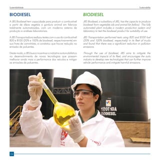 Sustentabilidade                                                                                                       Sustainability


Biodiesel                                                        Biodiesel
A JBS Biodiesel tem capacidade para produzir o combustível       JBS Biodiesel, a subsidiary of JBS, has the capacity to produce
a partir de óleos vegetais e gordura animal em fábricas          biodiesel from vegetable oils and animal fat (tallow). This fully
totalmente automatizadas, com um moderno sistema de              automated plant includes a modern production system and
produção e análises laboratoriais.                               laboratory to test the biodiesel product for suitability of use.

A JBS Transportadora realizou testes com o uso do combustível    JBS Transportation performed tests using B20 and B100 fuel
B20 e B100 (20% e 100% de biodiesel, respectivamente) em         (20% and 100% biodiesel, respectively) in its fleet of trucks
sua frota de caminhões, e constatou que houve redução na         and found that there was a significant reduction in pollution
emissão de poluentes.                                            emissions.

Deste modo, a JBS busca incentivar a indústria automobilística   Through the use of biodiesel, JBS aims to mitigate the
no desenvolvimento de novas tecnologias que possam               environmental impacts of its fleet, and encourages the auto
melhorar ainda mais a performance dos veículos e mitigar         industry to develop new technologies that can further improve
as emissões de poluentes.                                        vehicle performance and mitigate harmful emissions.




24
 