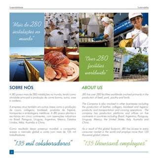 Sustentabilidade                                                                                                  Sustainability




  “Mais de 280
   instalações no
      mundo”


                                                                “Over 280
                                                                  facilities
                                                                 worldwide”

SOBRE NÓS                                                     About Us
A JBS possui mais de 280 instalações no mundo, tendo como     JBS has over 280 facilities worldwide involved primarily in the
atividade principal a produção de carne bovina, suína, aves   production of beef, pork, poultry and lamb.
e cordeiro.
                                                              The Company is also involved in other businesses including
A empresa atua também em outras áreas como a produção         the production of leather, collagen, biodiesel and hygienic
de couro, colágeno, biodiesel, produtos de higiene,           products; and transportation and canning operations. The
transportes e embalagens metálicas. A JBS possui plantas e    company has production platforms and offices on five
escritórios em cinco continentes, com operações industriais   continents in countries including Brazil, Argentina, Paraguay,
no Brasil, Paraguai, Uruguai, Argentina, México, Estados      Uruguay, Mexico, the United States, Italy, Australia and
Unidos, Itália, Austrália e China.                            China.

Como resultado dessa presença mundial, a companhia            As a result of this global footprint, JBS has access to every
acessa o mercado global e conta com mais de 135 mil           consumer market in the world and employs more than 135
trabalhadores.                                                thousand global citizens.


     ”135 mil colaboradores”                                  “135 thousand employees“
 4
 