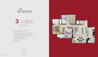 *ÁREA PRIVATIVA + ESCANINHO PRIVATIVO
**CONFORME MEMORIAL DESCRITIVO
3 suítes
93,95m
2
- Integração completa entre sala e varanda gourmet
- Varanda gourmet com acesso a cozinha
- Apartamento entregue com revestimento em todos ambientes**
- Esquadrias de alumínio branco com veneziana nos quartos
- Previsão de ar condicionado tipo split na suite casal 	 (principal), com
rede frigorígena e tubulação elétrica seca
- Elevador social privativo a cada duas unidades
- Planta flexível
- Duas vagas de garagem
TORRE SAN MICHEL
AVENIDA T-13
 