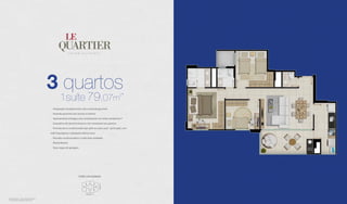 3 quartos
79,07m
2
*ÁREA PRIVATIVA + ESCANINHO PRIVATIVO
**CONFORME MEMORIAL DESCRITIVO
1suíte
- Integração completa entre sala e varanda gourmet
- Varanda gourmet com acesso a cozinha
- Apartamento entregue com revestimento em todos ambientes**
- Esquadrias de alumínio branco com veneziana nos quartos
- Previsão de ar condicionado tipo split na suite casal 	 (principal), com
rede frigorígena e tubulação elétrica seca
- Elevador social privativo a cada duas unidades
- Planta flexível
- Duas vagas de garagem
TORRE SAN GERMAN
AVENIDA T-13
 