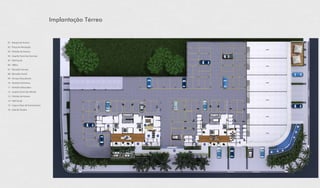 Implantação Térreo
01
02
0304
05
07
08
1011
1213
14
0808 1516
07
08
06
09
01 - Rampa de Acesso
02 - Praça de Recepção
03 - Pulmão de Acesso
04 - Guarita Torre San German
05 - Hall Social
06 - Office
07 - Elevador Serviço
08 - Elevador Social
09 - Terraço Descoberto
10 - Vestiário Feminino
11 - Vestiário Masculino
12 - Guarita Torre San Michel
13 - Pulmão de Acesso
14 - Hall Social
15 - Copa e Estar de Funcionários
16 - Sala do Síndico
 