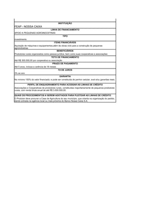 INSTITUIÇÃO
FEAP - NOSSA CAIXA
                                     LINHA DE FINANCIAMENTO
APOIO A PEQUENAS AGROINDÚSTRIAS
                                                 TIPO
investimento
                                         ITENS FINANCIÁVEIS
Aquisição de máquinas e equipamentos,além de obras civis para a construção de pequenas
agroindústrias
                                         BENEFICIÁRIOS
Produtores rurais organizados como pessoa jurídica, bem como suas cooperativas e associações
                                     TETO DE FINANCIAMENTO
Até R$ 300.000,00 por cooperativa ou associação
                                      PRAZO DE PAGAMENTO
Até 5 anos, inclusa a carência de 18 meses
                                             TX DE JUROS
3% ao ano
                                              GARANTIA
No mínimo 150% do valor financiado; e pode ser constituída de penhor cedular, aval e/ou garantias reais.

              PERFIL DE ENQUADRAMENTO PARA ACESSAR AS LINHAS DE CRÉDITO
Associações e Cooperativas de produtores rurais, constituídas majoritariamente de pequenos produtores
rurais, com renda bruta anual de até R$ 3.000.000,00.

QUAIS OS PROCEDIMENTOS A SEREM ADOTADOS PARA PLEITEAR AS LINHAS DE CRÉDITO
O Produtor deve procurar a Casa da Agricultura do seu município, que orienta na organização do pedido,
dando entrada na agência local ou mais próxima do Banco Nossa Caixa S.A.
 