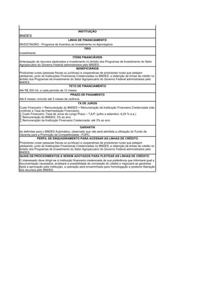 INSTITUIÇÃO
BNDES
                                      LINHA DE FINANCIAMENTO
INVESTIAGRO - Programa de Incentivo ao Investimento no Agronegócio
                                              TIPO
investimento
                                         ITENS FINANCIÁVEIS
Antecipação de recursos destinados a investimento no âmbito dos Programas de Investimento do Setor
Agropecuário do Governo Federal administrados pelo BNDES.
                                              BENEFICIÁRIOS
Produtores rurais (pessoas físicas ou jurídicas) e cooperativas de produtores rurais que estejam
pleiteando, junto às Instituições Financeiras Credenciadas no BNDES, a obtenção de linhas de crédito no
âmbito dos Programas de Investimento do Setor Agropecuário do Governo Federal administrados pelo
BNDES.
                                        TETO DE FINANCIAMENTO
Até R$ 200 mil, a cada período de 12 meses.
                                      PRAZO DE PAGAMENTO
Até 6 meses, incluído até 5 meses de carência.
                                             TX DE JUROS
Custo Financeiro + Remuneração do BNDES + Remuneração da Instituição Financeira Credenciada (não
incidindo a Taxa de Intermediação Financeira).
· Custo Financeiro: Taxa de Juros de Longo Prazo – TJLP; (julho a setembro: 6,25 % a.a.)
· Remuneração do BNDES: 3% ao ano;
· Remuneração da Instituição Financeira Credenciada: até 3% ao ano.

                                            GARANTIA
As definidas para o BNDES Automático, observado que não será admitida a utilização do Fundo de
Garantia para a Promoção da Competitividade - FGPC.
              PERFIL DE ENQUADRAMENTO PARA ACESSAR AS LINHAS DE CRÉDITO
Produtores rurais (pessoas físicas ou jurídicas) e cooperativas de produtores rurais que estejam
pleiteando, junto às Instituições Financeiras Credenciadas no BNDES, a obtenção de linhas de crédito no
âmbito dos Programas de Investimento do Setor Agropecuário do Governo Federal administrados pelo
BNDES.
QUAIS OS PROCEDIMENTOS A SEREM ADOTADOS PARA PLEITEAR AS LINHAS DE CRÉDITO
O interessado deve dirigir-se à instituição financeira credenciada de sua preferência que informará qual a
documentação necessária, analisará a possibilidade de concessão do crédito e negociará as garantias.
Após a aprovação pela instituição, a operação será encaminhada para homologação e posterior liberação
dos recursos pelo BNDES.
 
