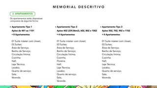 Apartamento Tipo 1
Aptos do 401 ao 1101
• 8 Apartamentos
01 Suíte máster com closet;
03 Suítes;
Área de Serviço;
Banho de Serviço;
Circulação Íntima;
Cozinha;
Hall;
Laje Técnica;
Lavabo;
Quarto de serviço;
Sala;
Varanda.
Apartamento Tipo 2
Aptos 402 (239,06m2), 602, 802 e 1002
• 4 Apartamentos
01 Suíte máster com closet;
03 Suítes;
Área de Serviço;
Banho de Serviço;
Circulação Íntima;
Cozinha;
Floreira;
Hall;
Laje Técnica;
Lavabo;
Quarto de serviço;
Sala;
Varanda.
Apartamento Tipo 3
Aptos 502, 702, 902 e 1102
• 4 Apartamentos
01 Suíte máster com closet;
03 Suítes;
Área de Serviço;
Banho de Serviço;
Circulação Íntima;
Cozinha;
Hall;
Laje Técnica;
Lavabo;
Quarto de serviço;
Sala;
Varanda.
2. APARTAMENTOS
Os apartamentos estão dispostos
e
compostos da seguinte forma:
M E M O R I A L D E S C R I T I V O
 