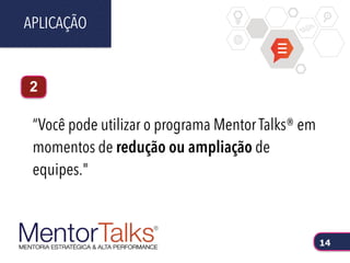 “Você pode utilizar o programa Mentor Talks® em
momentos de redução ou ampliação de
equipes."
APLICAÇÃO
14
2
 