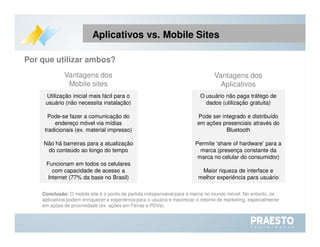 O usuário não paga tráfego de dados (utilização gratuita) Pode ser integrado e distribuído em ações presenciais através do Bluetooth Permite ‘share of hardware’ para a marca (presença constante da marca no celular do consumidor) Maior riqueza de interface e melhor experiência para usuário Aplicativos vs. Mobile Sites Utilização inicial mais fácil para o usuário (não necessita instalação) Pode-se fazer a comunicação do endereço móvel via mídias tradicionais (ex. material impresso)  Não há barreiras para a atualização do conteúdo ao longo do tempo Funcionam em todos os celulares com capacidade de acesso a Internet (77% da base no Brasil) Vantagens dos  Mobile sites Vantagens dos  Aplicativos Por que utilizar ambos? Conclusão:  O mobile site é o ponto de partida indispensável para a marca no mundo móvel. No entanto, os aplicativos podem enriquecer a experiência para o usuário e maximizar o retorno de marketing, especialmente em ações de proximidade (ex. ações em Feiras e PDVs).  