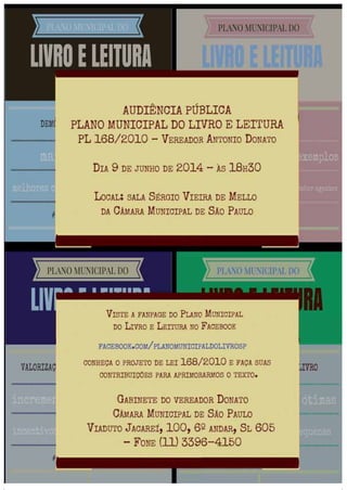 Art. 6º - O PMLL será coordenado pelas Secretarias de Cultura e Educação, sendo gerido pelas
seguintes instâncias colegiadas:
I – Câmara Diretiva;
II - Câmara Consultiva;
Art. 7º - Competem às Secretarias de Cultura e Educação:
I – promover a coordenação das iniciativas entre os diversos atores públicos e privados
envolvidos na formulação, implementação e avaliação do PMLL, visando coerência,
transparência, eficácia e efetividade das ações deste Plano.
II – apoiar a mobilização para o alcance dos objetivos do PMLL e a priorização da leitura no
Município de São Paulo;
III – Proporcionar, de modo paritário e colaborativo, os meios necessários para o
funcionamento das instâncias colegiadas de que trata o caput do Art. 6º;
IV – prestar suporte técnico-operacional e de pessoal para o gerenciamento e implementação
do PNLL;
V – edital normas e regulamentos necessários à implementação do PMLL previstas nesta lei
sob suas responsabilidades, mutuas ou específicas;
VI disponibilizar em seus respectivos orçamentos os recursos necessários ás atividades do
PMLL.
VII – designar, por ato conjunto, o Secretário Geral do PMLL.
Art. 8º - Compete à Câmara Diretiva:
I – Coordenar a execução do PMLL de modo a garantir:
a) O cumprimento de suas metas e estratégias;
b) A articulação com os executores de programas, ações e projetos do PMLL ou que com
ele tenham pertinência; e
c) a divulgação de seus programas, ações e projetos;
II – estabelecer metas anuais e estratégias para a execução do PMLL e a previsão orçamentária
dos órgãos municipais envolvidos.
III – definir o modelo de gestão e o processo de revisão periódica do PMLL.
 
