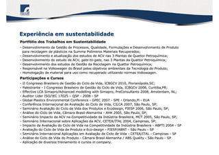 PortfPortfóólio dos Trabalhos em Sustentabilidadelio dos Trabalhos em Sustentabilidade
-- Desenvolvimento da Gestão de Processos, Qualidade, FormulaDesenvolvimento da Gestão de Processos, Qualidade, Formulaçções e Desenvolvimento de Produtoões e Desenvolvimento de Produto
para reciclagem de plpara reciclagem de pláásticos na Summa Polsticos na Summa Políímeros Materiais Recuperados;meros Materiais Recuperados;
-- Desenvolvimento e atualizaDesenvolvimento e atualizaçção dos estudos de ACV nas 3 Plantas daão dos estudos de ACV nas 3 Plantas da QuattorQuattor PetroquPetroquíímica;mica;
-- Desenvolvimento do estudo de ACV,Desenvolvimento do estudo de ACV, gategate--toto--gategate, nas 3 Plantas da, nas 3 Plantas da QuattorQuattor PetroquPetroquíímica;mica;
-- Desenvolvimento dos estudos de Gestão da Reciclagem naDesenvolvimento dos estudos de Gestão da Reciclagem na QuattorQuattor PetroquPetroquíímica;mica;
-- ResponsResponsáável na Volkswagen do Brasil pelos objetivos ambientais da Tecnolvel na Volkswagen do Brasil pelos objetivos ambientais da Tecnologia do Produto;ogia do Produto;
-- HomologaHomologaçção de material para uso como recuperado utilizando normas Volkswão de material para uso como recuperado utilizando normas Volkswagen.agen.
ParticipaParticipaçções e Cursosões e Cursos
-- II Congresso Brasileiro de Gestão do Ciclo de Vida, ICBGCV 2010II Congresso Brasileiro de Gestão do Ciclo de Vida, ICBGCV 2010, Florian, Florianóópolis,SC;polis,SC;
-- PalestrantePalestrante -- I Congresso Brasileiro de Gestão do Ciclo de Vida, ICBGCV 2008,I Congresso Brasileiro de Gestão do Ciclo de Vida, ICBGCV 2008, Curitiba,PR;Curitiba,PR;
-- EffectiveEffective LCALCA SimaproSimapro//AdvancedAdvanced modellingmodelling withwith SimaproSimapro,, PreConsultantsPreConsultants 2008, Amsterdam, NL;2008, Amsterdam, NL;
-- AuditorAuditor LiderLider ISO/IEC 17025ISO/IEC 17025 –– QSPQSP -- 20082008 -- SPSP
-- Global PlasticsGlobal Plastics EnvironmentalEnvironmental ConferenceConference -- GPEC 2007GPEC 2007 -- SPESPE -- Orlando,Orlando,FlFl -- EUAEUA
-- Conferência Internacional de AvaliaConferência Internacional de Avaliaçção do Ciclo de Vida, CILCA 2007, São Paulo, SP;ão do Ciclo de Vida, CILCA 2007, São Paulo, SP;
-- SeminSemináário Avaliario Avaliaçção do Ciclo de Vida dos Produtos e Ecodesign, FIESP 2006, São Paão do Ciclo de Vida dos Produtos e Ecodesign, FIESP 2006, São Paulo, SP;ulo, SP;
-- AnAnáálise do Ciclo de Vida, Câmara Brasillise do Ciclo de Vida, Câmara Brasil--AlemanhaAlemanha -- AHK 2005, São Paulo, SP;AHK 2005, São Paulo, SP;
-- SeminSemináário Impacto da ACV na Competitividade da Indrio Impacto da ACV na Competitividade da Indúústria Brasileira, MCT 2005, São Paulo, SP;stria Brasileira, MCT 2005, São Paulo, SP;
-- SeminSemináário Internacional sobre Aplicario Internacional sobre Aplicaçções da ACV, CETEA/ITAL 2004, Campinas, SP;ões da ACV, CETEA/ITAL 2004, Campinas, SP;
-- Impacto da AvaliaImpacto da Avaliaçção do Ciclo de Vida na Competitividade da Indão do Ciclo de Vida na Competitividade da Indúústria Brasileirastria Brasileira -- ABPTI 2004ABPTI 2004 -- SPSP
-- AvaliaAvaliaçção do Ciclo de Vida de Produto e Ecoão do Ciclo de Vida de Produto e Eco--designdesign -- FIESP/ABNTFIESP/ABNT -- São PauloSão Paulo -- SPSP
-- SeminSemináário Internacional Aplicario Internacional Aplicaçções em Avaliaões em Avaliaçção de Ciclo de Vidaão de Ciclo de Vida -- CETEA/ITALCETEA/ITAL -- CampinasCampinas -- SPSP
-- AnAnáálise do Ciclo de Vida do Produtolise do Ciclo de Vida do Produto -- Câmara Brasil Alemanha / ABSCâmara Brasil Alemanha / ABS QualityQuality -- São PauloSão Paulo -- SPSP
-- AplicaAplicaçção de diversos treinamento e cursosão de diversos treinamento e cursos inin companycompany..
Experiência em sustentabilidadeExperiência em sustentabilidade
 