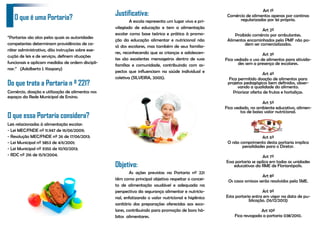 “Portarias são atos pelos quais as autoridades
competentes determinam providências de ca-
ráter administrativo, dão instruções sobre exe-
cução de leis e de serviços, definem situações
funcionais e aplicam medidas de ordem discipli-
nar.” (Adalberto J. Kaspary)
Do que trata a Portaria n º 221?
Comércio, doação e utilização de alimentos nos
espaços da Rede Municipal de Ensino.
O que essa Portaria considera?
Leis relacionadas à alimentação escolar:
- Lei MEC/FNDE nº 11.947 de 16/06/2009;
- Resolução MEC/FNDE nº 26 de 17/06/2013;
- Lei Municipal nº 5853 de 4/6/2001;
- Lei Municipal nº 9355 de 10/10/2013;
- RDC nº 216 de 15/9/2004.
Justificativa:
A escola representa um lugar vivo e pri-
vilegiado de educação e tem a alimentação
escolar como base teórica e prática à promo-
ção da educação alimentar e nutricional não
só dos escolares, mas também de seus familia-
res, reconhecendo que as crianças e adolescen-
tes são excelentes mensageiros dentro de suas
famílias e comunidade, contribuindo com as-
pectos que influenciam na saúde individual e
coletiva (SILVEIRA, 2005).
Objetivo:
As ações previstas na Portaria nº 221
têm como principal objetivo respeitar o concei-
to de alimentação saudável e adequada na
perspectiva da segurança alimentar e nutricio-
nal, enfatizando o valor nutricional e higiênico
sanitário das preparações oferecidas aos esco-
lares, contribuindo para promoção de bons há-
bitos alimentares.
O que é uma Portaria?
Art 1º
Comércio de alimentos apenas por cantinas
regularizadas por lei própria.
Art 2º
Proibido comércio por ambulantes.
Alimentos encaminhados pela PMF não po-
dem ser comercializados.
Art 3º
Fica vedado o uso de alimentos para ativida-
des sem a presença de escolares.
Art 4º
Fica permitido doação de alimentos para
projetos pedagógicos bem definidos, obser-
vando a qualidade do alimento.
Priorizar oferta de frutas e hortaliças.
Art 5º
Fica vedado, no ambiente educativo, alimen-
tos de baixo valor nutricional.
Art 6º
O não comprimento desta portaria implica
penalidades para o Diretor.
Art 7º
Essa portaria se aplica em todas as unidades
educativas da RME de Florianópolis.
Art 8º
Os casos omissos serão resolvidos pela SME.
Art 9º
Esta portaria entra em vigor na data de pu-
blicação. (16/12/2013)
Art 10º
Fica revogada a portaria 038/2010.
 