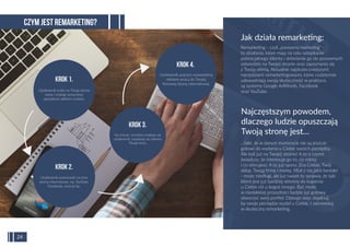 Użytkownik traﬁa na Twoją stronę
www i zostaje oznaczony
specjalnym plikiem cookies.
Krok 1.
Użytkownik przechodzi na inne
strony internetowe, np. YouTube,
Facebook, onet.pl itp.
Krok 2.
Na stronie, na której znajduje się
użytkownik, pojawiają się reklamy
Twojej ﬁrmy.
Krok 3.
Użytkownik poprzez wyświetlaną
reklamę wraca do Twojej
ﬁrmowej strony internetowej.
Krok 4.
CZYM JEST REMARKETING?
24
…fakt, że w danym momencie nie są jeszcze
gotowi do wydania u Ciebie swoich pieniędzy.
Ale byli już na Twojej stronie! A to o czymś
świadczy: że interesuje go to, co robisz
i co oferujesz. A to już sporo. Zna Ciebie, Twój
sklep, Twoją ﬁrmę i markę. Miał z nią jakiś kontakt
- może niedługi, ale już nawet to sprawia, że taki
klient jest już bardziej skłonny do kupienia
u Ciebie niż u kogoś innego. Być może
w niedalekiej przyszłości będzie już gotowy
otworzyć swój portfel. Dlatego więc dopilnuj,
by swoje pieniądze wydał u Ciebie. I zainwestuj
w skuteczny remarketing.
Najczęstszym powodem,
dlaczego ludzie opuszczają
Twoją stronę jest…
Remarketing - czyli „ponowny marketing” -
to działania, które mają na celu odzyskanie
potencjalnego klienta i skłonienie go do ponownych
odwiedzin na Twojej stronie oraz zapoznania się
z Twoją ofertą. Aktualnie najskuteczniejszymi
narzędziami remarketingowymi, które codziennie
udowadniają swoją skuteczność w praktyce,
są systemy Google AdWords, Facebook
oraz YouTube.
Jak działa remarketing:
 