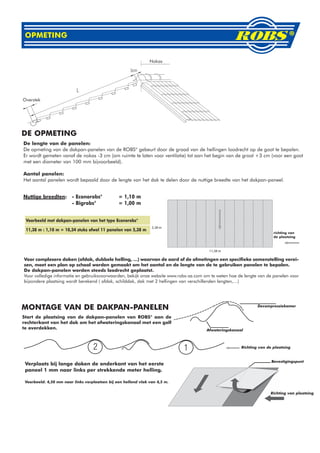 OPMETING


                                                                Nokas




Overstek




DE OPMETING
De lengte van de panelen:
De opmeting van de dakpan-panelen van de ROBS® gebeurt door de graad van de hellingen loodrecht op de goot te bepalen.
Er wordt gemeten vanaf de nokas -3 cm (om ruimte te laten voor ventilatie) tot aan het begin van de groot +3 cm (voor een goot
met een diameter van 100 mm bijvoorbeeld).

Aantal panelen:
Het aantal panelen wordt bepaald door de lengte van het dak te delen door de nuttige breedte van het dakpan-paneel.


Nuttige breedten: - Econorobs®                  = 1,10 m
                  - Bigrobs®                    = 1,00 m


 Voorbeeld met dakpan-panelen van het type Econorobs®

 11,38 m : 1,10 m = 10,34 stuks ofwel 11 panelen van 5,38 m
                                                                                                                       richting van
                                                                                                                       de plaatsing




Voor complexere daken (afdak, dubbele helling, …) waarvan de aard of de afmetingen een specifieke samenstelling verei-
sen, moet een plan op schaal worden gemaakt om het aantal en de lengte van de te gebruiken panelen te bepalen.
De dakpan-panelen worden steeds loodrecht geplaatst.
Voor volledige informatie en gebruiksvoorwaarden, bekijk onze website www.robs-sa.com om te weten hoe de lengte van de panelen voor
bijzondere plaatsing wordt berekend ( afdak, schilddak, dak met 2 hellingen van verschillenden lengten,…)




MONTAGE VAN DE DAKPAN-PANELEN                                                                                  Decompressiekamer

Start de plaatsing van de dakpan-panelen van ROBS® aan de
rechterkant van het dak om het afwateringskanaal met een golf
te overdekken.                                                                         Afwateringskanaal



                                                                                                       Richting van de plaatsing


                                                                                                                      Bevestigingspunt
 Verplaats bij lange daken de onderkant van het eerste
 paneel 1 mm naar links per strekkende meter helling.

 Voorbeeld: 4,50 mm naar links verplaatsen bij een hellend vlak van 4,5 m.

                                                                                                                     Richting van plaatsing
 