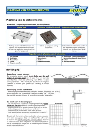 PLAATSING VAN DE DAKELEMENTEN



Plaatsing van de dakelementen
Er bestaan 3 toepassingsgebieden voor dakpan-panelen:

                   Nieuw dak                           Renovatie van het bovendak            Dakbedekking met sandwichpanelen




   Plaatsing van een onderdakmembraan voo-                  Gebruik op dakspanen, roofing,   De dwarslatten en het onderdak worden in
    rafgaand aan de dwarslatten en vervolgens                        kunstleisteen,           een zelfdragend systeem geïntegreerd.
   de latten met regelmatige tussenruimten (vol-                                              Volgorde voor de plaatsing van de ele-
              gens het type paneel).                                                                          menten

                                       Volgorde voor de plaatsing van de elementen
 1.   Daksparren                                      1.   Bestaande dakbedekking            1. Isolerende, zelfdragende pane-
 2.   Onderdak                                        2.   Dwarslatten                          len met ingebouwde dwarslatten
 3.   Dwarslatten                                     3.   Latten                            2. Latten
 4.   Latten                                          4.   Dakpan-panelen                    3. Dakpan-panelen
 5.   Dakpan-panelen




Bevestiging
Bevestiging van de panelen
De bevestiging gebeurt steeds in de holte van de golf
onder de dwarse plooi van de pan. Voor een optimale
waterdichtheid moet de afdichting van EPDM worden
samengedrukt en 1 tot 2 mm buiten de aluminium ringetjes
uitsteken. Er hoeven geen gaatjes voor uitzetting te worden
voorzien.

Bevestiging van de toebehoren
De bevestiging van de toebehoren (zijkanten, slabben, nokpannen van ROBS®)
wordt uitgevoerd met zogenaamde “overlapschroeven” ( 4,9 x 20 mm),
die specifiek bedoeld zijn voor de verbinding van stalen onderdelen.



De plaats van de bevestigingen
Over het algemeen worden de dakpan-panelen altijd in de
holte van de golf bevestigd op de volgende plaatsen:
- Een bevestiging per pan op de eerste rij pannen aan de kant van de goot.
- Een bevestiging per pan op de rij aan de kant van de nok.
- Een bevestiging per pan aan de kant van de slab of de zijkant.
- Enkele bevestigingen aan de oppervlakte (gemiddeld 7 à 8 schroeven/m2).

Bevestig alle elementen met een elektrische schroevendraaier
(met een aangepaste kop) en zelfborende schroeven.
Er moeten dus vooraf geen gaten worden geboord. Boorsel
of vijlsel van staal door het gebruik van boormachines kun-
nen er trouwens voor zorgen dat de bedekking door oxidatie
                                                                                              Richting van                 Richting van
ernstig beschadigd raakt.                                                                     de plaatsing                 de plaatsing
 