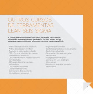 6 SIGMA
      CERTIFICAÇÃO DE                                                                          OUTROS CURSOS
      BLACK E GREEN BELTS                                                                      DE FERRAMENTAS
      A Fundação Vanzolini certifica Black e Green Belts, por um período de 3 (três)
      anos e, para obtê-la, o candidato deve cumprir os seguintes requisitos:                  LEAN SEIS SIGMA
      - Obter nota igual ou superior a 7,0 (sete) em exame que cobre conceitos e ferramentas   A Fundação Vanzolini possui uma gama variada de treinamentos
        da metodologia Lean Seis Sigma;                                                        disponíveis aos seus clientes. Além destes listados abaixo, outros
      - Comprovar a realização e implantação de pelo menos 1 (um) projeto Seis Sigma em        podem ser desenvolvidos ou adaptados conforme a sua necessidade:
        uma empresa;
      - Ter este projeto aprovado por banca de especialistas da Fundação Vanzolini, cobrindo   - Análise da capacidade de processos;       - Engenharia da qualidade;
        por completo todas as etapas da metodologia e demonstrando a correta aplicação das     - Análise de dados com Minitab®;            - Estatística aplicada (básica e avançada);
        ferramentas associadas. Terminando o prazo de validade da certificação, o candidato    - Avaliação de sistemas de mediação;        - Estatística multivariada;
        pode renová-la mediante a demonstração da realização e implantação de, pelo menos      - CEP – Controle estatístico de processo    - Ferramentas básicas e avançadas
        3 (três) projetos durante o período ou, então, submeter-se novamente à avaliação         (níveis básico e avançado);                 da qualidade;
        anteriormente descrita.                                                                - CEP para indústria de processo contínuo
                                                                                                                  v
                                                                                                                                           - Inspeção por amostragem;
                                                                                                 e em bateladas;                           - Liderança em Lean Seis Sigma
      Os exames e avaliação de projetos para certificação de Black e Green Belts ocorrem       - CEP para indústria farmacêutica             (Champions);
      duas vezes ao ano.                                                                         e alimentícia;                            - Metodologia de análise e solução
                                                                                               - CEP para pequenos lotes;                    de problemas.
                                                                                               - Confiabilidade aplicada;
                                                                                               - Delineamento de experimentos
                                                                                                 (níveis básico e avançado);




06                                                                                                                                                                                       11
 
