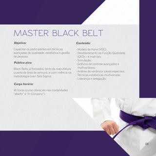 6 SIGMA
      BLACK BELT EM                                                                        Nota:
                                                                         Este programa atende ao      MASTER BLACK BELT
      LEAN SEIS SIGMA
                                                                           Body of Knowledge da
                                                                             American Society for     Objetivo:                                       Conteúdo:
                                                                                    Quality (ASQ)
      Objetivo:                                                                                       Capacitar os participantes em técnicas          - Modelo de Kano (VOC);
                                                      Conteúdo:
                                                                                                      avançadas de qualidade, estatística e gestão    - Desdobramento da Função Qualidade
      Formar especialistas na aplicação da            - Seleção de projetos;                          de pessoas.                                       (QFD) – 4 matrizes;
      metodologia e das ferramentas (básicas,         - Equipe Lean Seis Sigma;                                                                       - Simulação;
      intermediárias e avançadas) associadas ao                                                       Público-alvo:                                   - Gráficos de controle avançados e
                                                      - Mapeamento de Processos;
      Lean Seis Sigma.                                - Análise do sistema de mediação;               Black Belts já formados, tanto da manufatura      multivariáveis;
                                                      - Capacidade de processos e capacidade          quanto da área de serviços, e com vivência na   - Análise de variância: casos especiais;
      Público-alvo:                                     Sigma;                                                                                        - Técnicas estatísticas multivariada;
                                                                                                      metodologia Lean Seis Sigma.
                                                      - Ferramentas estatísticas;                                                                     - Liderança e delegação.
      Gerentes, Engenheiros, Estatísticos,
                                                      - Delineamento de experimentos (DOE);
      Administradores de Empresas, e demais                                                           Carga horária:
                                                      - Pensamento enxuto (Lean thinking);
      profissionais responsáveis pela implantação e
                                                      - Benchmarking;                                 40 horas (curso oferecido nas modalidades
      apoio na metodologia Lean Seis Sigma.
                                                      - Simulação de processos;                       “aberto” e “In Company”).
                                                      - Sistema à prova de falhas (poka yoke);
      Carga horária:
                                                      - Gráficos de controle;
      160 horas (curso oferecido nas modalidades      - Implantação da metodologia Lean Seis Sigma.
      “aberto” e “In Company”).




08                                                                                                                                                                                               09
 