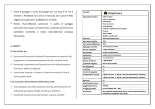  Punto di pareggio: il punto di pareggio per uno shop di 35 mq è      marchio

   inferiore a 90.000,00 euro annui di fatturato (con spese di fitto   descrizione settore        Infissi in legno
   negozio non superiore a 1.500,00 euro mensili);                                                Infissi in alluminio
                                                                                                  Infissi in pvc
 Rischio imprenditoriale contenuto: il punto di pareggio                                         Porte da interno
                                                                                                  Porte blindate
   particolarmente basso e l’investimento contenuto permettono di                                 Cancelli e ringhiere in ferro battuto
                                                                                                  Parquet
   controllare facilmente il rischio imprenditoriale connesso
                                                                                                  Stufe a pellet
   all’iniziativa.                                                                                Mobili e arredamenti
                                                                       sito web                   www.profinagency.com
                                                                       data inizio attività       2010
                                                                       data inizio affiliazione   2012
4. FACILITY                                                            tipologia contratto        concessione di vendita
                                                                       durata contratto           5 anni rinnovabili
In fase di start up                                                    formazione                 iniziale e continuativa
                                                                       esperienza                 gradita ma non necessaria
 Istruzione di eventuali richieste di finanziamento a copertura del
                                                                       ubicazione                 vie commerciali
   programma di investimento relativo allo start-up dello store;       bacino di utenza           5.000 abitanti
                                                                       superficie negozio         min 35 mq di vendita
 Assistenza e consulenza per la parte burocratica (autorizzazioni,
                                                                       fee d'ingresso             no
   licenze per apertura negozio);                                      royalties                  no
                                                                       minimi di acquisto         no
 Formazione frontale o a distanza (video-formazione) in fase di
                                                                       investimento iniziale      a partire da euro 5.000,00 + IVA per l’allestimento “economy”
   start-up dello store.                                                                          a partire da euro 15.000,00 + IVA per l’allestimento “business”
                                                                       garanzia                   no
Fase successiva all’avviamento dello show room.
                                                                       investimento merce         no
                                                                       pagamento merce            anticipo
 Tele-assistenza e/o video-assistenza tecnica, commerciale ed in
                                                                       margini garantiti          ricarico almeno 35% - 40%
   materia di agevolazioni fiscali previste per il settore;            rimanenze                  Non è previsto investimento merce, la stessa viene ordinata su
                                                                                                  commessa e consegnata entro 60 gg
 Assistenza finanziaria alla clientela per acquisto prodotti.
 