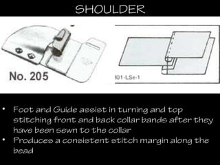 SHOULDERSHOULDER
• Foot and Guide assist in turning and topFoot and Guide assist in turning and top
stitching front and back collar bands after theystitching front and back collar bands after they
have been sewn to the collarhave been sewn to the collar
• Produces a consistent stitch margin along theProduces a consistent stitch margin along the
beadbead
 