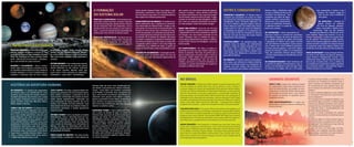 ASTRO E COADJUVANTES
TERRESTRE E GIGANTES • O Sistema Solar é
composto por populações de corpos em órbita
em torno do Sol, começando pelos oito planetas,
classiﬁcados assim: terrestres (Mercúrio, Vê-
nus, Terra e Marte) e gigantes (Júpiter, Saturno,
Urano e Netuno), todos com órbitas bem distan-
ciadas entre si e com suas zonas de inﬂuência.
A capacidade de agregar a si os pequenos cor-
pos nas fases iniciais da formação do Sistema
Solar fez com que só esses oito corpos fossem
classiﬁcados como planetas.
PLANETAS-ANÕES • Os planetas-anões, uma
segunda classe de objetos, são relativamente
grandes e estão em regiões povoadas por mui-
tos corpos. Até o momento, há cinco corpos
nesta classe: Ceres (entre Marte e Júpiter), bem
como Plutão, Éris, Makemake e Huamea, estes
para além de Netuno.
OS COMETAS • A terceira classe é a dos peque-
nos corpos, com milhares de objetos distintos
tanto na localização quanto na composição. Os
cometas, com suas caudas, vêm da Nuvem de
Oort, reservatório que envolve esfericamente o
CONHECENDO A VIZINHANÇA
NO BRASIL
SÓLIDA TRADIÇÃO • O Brasil tem sólida tradição no estudo da posição e dinâ-
mica dos objetos do Sistema Solar, mas, só nos últimos 20 anos, começou a
ter grupos ligados ao estudo das propriedades físico-químicas desses objetos.
O Grupo de Ciências Planetárias do Observatório Nacional, no Rio de Janeiro
(RJ), tem sido pioneiro nessa área, pesquisando a caracterização astrofísica de
pequenos corpos. Seu reconhecimento internacional se deu com a realização do
mapeamento de composições de asteroides, na forma do projeto S3OS2 (sigla,
em inglês, para Mapeamento Espectroscópico de Pequenos Objetos do Sistema
Solar), cujos dados sobre mais de 800 asteroides – o segundo maior catálogo
do gênero até o presente – podem ser acessados em http://sbn.psi.edu/pds/
VIGILÂNCIA DOS CÉUS • O Grupo de Ciências Planetárias está engajado num
projeto pioneiro no Brasil: a instalação e operação de um telescópio robótico
de 1 m (diâmetro do espelho) dedicado ao estudo de objetos potencialmente
perigosos para nosso planeta. Denominado IMPACTON (sigla para Iniciativa
de Mapeamento e Pesquisa de Asteroides nas Cercanias da Terra no Observa-
tório Nacional), o equipamento funciona desde 2011 em Itacuruba (PE).
NOVAS GERAÇÕES • Para despertar o interesse por essa área, foram reali-
zados vários congressos internacionais, como o Rio de Janeiro International
Workshop on Planetary Sciences (1996), o Asteroids, Comets, Meteors (2005)
e o Icy Bodies in the Solar System (2009) – este último como parte da Assem-
bleia Geral da União Astronômica Internacional. Esses eventos têm contri-
buído para o aumento do número de grupos da área e para o surgimento de
novas gerações de pesquisadores.
GALILEOPROJECT/JPL/NASA
HISTÓRIA DA AVENTURA HUMANA
OS ERRANTES • A primeira das populações
do Sistema Solar a ser identiﬁcada foi a dos
planetas, que se moviam em relação ao lento e
imutável movimento das estrelas com o mudar
das estações. Ganharam o nome ‘planeta’ (em
grego, errante), sendo eles: Mercúrio, Vênus,
Marte, Júpiter e Saturno.
TERRA E SOL NO CENTRO • O sistema plane-
tário foi inicialmente imaginado como corpos
se movendo em círculos perfeitos em torno da
Terra. Esse modelo geocêntrico, descrito pelo
grego Ptolomeu, por volta de 200 d.C., seria
questionado apenas em 1543, quando o astrô-
nomo polonês Nicolau Copérnico (1473-1543)
propôs que o Sol estaria no centro do sistema.
Inicialmente controverso, esse novo modelo,
heliocêntrico, foi aceito graças a trabalhos de
astrônomos como o dinamarquês Tycho Brahe
(1546-1601), o alemão Johannes Kepler (1571-
1630), o italiano Galileu Galilei (1564-1642) e
o inglês Isaac Newton (1642-1727).
LEIS E LENTES • Em 1609, enquanto Kepler ela-
borava suas primeiras leis do movimento plane-
tário, Galileu reconhecia a importância de um
novo invento: o telescópio. Ele próprio construiu
vários desses equipamentos, mostrando que
uma composição de lentes permitia não só ver
melhor, mas também de forma diferente. Suas
observações forneceram os primeiros dados ex-
perimentais apontando o modelo geocêntrico
como incorreto.
SÉTIMO E OITAVO • Com a aceitação do modelo
heliocêntrico, a Terra – até então centro do ‘uni-
verso’ – foi incluída na lista dos planetas. Em
1781, um sétimo planeta, Urano, foi descoberto
com a ajuda do telescópio. Já a descoberta de
Netuno, em 1846, foi estimulada pelo fato de
sua órbita divergir daquela prevista pela teoria
da gravitação de Newton.
NOVA CLASSE DE OBJETOS • Em 1930, foi des-
coberto Plutão, considerado o nono planeta do
Sistema Solar até 2006. Essa classiﬁcação mu-
dou devido à descoberta dos objetos transnetu-
nianos – muito deles com tamanho comparável
ao de Plutão. O asteroide Ceres, descoberto em
1801, teria destino semelhante. Identiﬁcado ini-
cialmente como planeta entre Marte e Júpiter,
passou a asteroide (o maior deles), na década de
1840, devido a seu pequeno tamanho. Hoje, Plu-
tão e Ceres são protótipos de uma nova classe de
objetos: os planetas-anões.
GANHANDO FORMA • Com a exploração espa-
cial, a partir da década de 1950, os corpos do
Sistema Solar passaram de pontos luminosos a
objetos com forma. Em suas estruturas, foram
identiﬁcadas crateras, montanhas e vulcões; em
suas atmosferas, camadas de nuvens, auroras
e imensos tufões. Foram descobertos satélites
grandes e pequenos em torno de planetas, bem
como corpos menores, como asteroides e obje-
tos transnetunianos. Desvendaram-se sistemas
de anéis, onde milhares de partículas ‘dançam’
em torno dos planetas gigantes (Júpiter, Satur-
no, Urano e Netuno).
A FORMAÇÃO
DO SISTEMA SOLAR
VÓRTICES E CATÁSTROFES • A formação do Sis-
tema Solar sempre fascinou o homem. Inúmeras
teorias foram propostas, desde vórtices imersos
em um misterioso ‘éter’ até catástrofes, como a
colisão do Sol com um cometa ou com outra es-
trela – o que teria retirado grande quantidade de
matéria que viria a formar os demais corpos.
NEBULOSA PROTOSSOLAR • As bases do mo-
delo de formação do Sistema Solar atualmente
mais aceito foram propostas, na segunda me-
tade do século 18, independentemente, pelo ﬁ-
GRANDES DESAFIOS
FASES E VIDA • Apesar dos imensos avanços
no conhecimento sobre nossa vizinhança cós-
mica, há ainda desaﬁos, que podem ser resu-
midos assim: i) entender melhor todas as fases
de formação do Sistema Solar e seus diferen-
tes corpos; ii) entender os requisitos para o
surgimento da vida.
MAIS QUESTIONAMENTOS • A seguir, per-
guntas para as quais se esperam respostas na
próxima década:
i) quais as fases iniciais, as condições e os
processos da formação do Sistema Solar e
qual a natureza do material interestelar que
foi incorporado por seus objetos? Qual o pa-
pel da mistura de materiais na formação pla-
netária?;
ii) como os planetas gigantes e seus satélites
se formaram? Permaneceram onde se forma-
ram ou migraram?;
iii) O que governou a atração de matéria, o su-
primento de água, a química e a diferenciação
interna dos planetas terrestres, bem como a
evolução de suas atmosferas? Que papel teve
na evolução deles o bombardeamento por
grandes corpos cósmicos?;
iv) quais as fontes primordiais do material
orgânico e onde ainda ele é sintetizado atual-
mente?;
v) será que Marte ou Vênus tiveram água e
isso teria levado ao surgimento da vida nes-
ses planetas? Há evidencias de que vida de
fato emergiu nesses corpos?;
vi) além da Terra, há outro lugar do Siste-
ma Solar com condições (material orgânico,
água, energia, nutrientes etc.) para manter a
vida? Existiria vida nesses locais?
PARTE DO CONJUNTO • A Terra não é um corpo
isolado, vagando no imenso universo. É, sim,
parte de um conjunto que chamamos Sistema
Solar. Da vizinhança de nosso planeta, fazem
parte – além do Sol, nossa estrela –, oito plane-
tas e uma miríade de corpos menores.
MISSÕES E TELESCÓPIOS • Nosso conheci-
mento sobre essa vizinhança aumentou de for-
ma dramática nestes últimos 40 anos, devido às
missões espaciais e, é claro, à melhoria dos te-
lescópios e detectores aqui na Terra. Sondas
como Apollo, Voyager, Giotto, Pioneer, Viking,
Galileo, Cassini, Clementine, Rosetta, Hayabu-
sa, entre outras, visitaram todos os planetas,
bem como vários satélites, anéis, asteroides e
cometas.
OUTROS MUNDOS • Com a exploração espacial,
os planetas deixaram de ser, para nós, apenas
pontos brilhantes no céu noturno: passaram
a ser outros ‘mundos’. Mundos novos que,
assim como a Terra, precisam ser explorados,
entendidos e – quem sabe? – até habitados.
lósofo alemão Immanuel Kant (1724-1804) e pelo
matemático, astrônomo e físico francês Pierre Si-
mon de Laplace (1749-1827). É a chamada hipótese
Kant-Laplace da nebulosa protossolar.
CARACTERÍSTICAS DO MODELO • O modelo da ne-
bulosa protossolar visa a reproduzir as caracterís-
ticas observadas do Sistema Solar: i) todos os pla-
netas giram em torno do Sol na mesma direção, e o
Sol gira em torno de seu eixo, na direção do movi-
mento dos planetas; ii) os planetas (exceção de Vê-
nus e Urano) giram em torno de seu eixo nessa mes-
ma direção; iii) as órbitas dos planetas são quase
circulares e coplanares; iv) apesar de variações que
dependem da distância ao Sol, todos os corpos têm
composição química similar e uma única idade de
solidiﬁcação (4,55 milhões de anos); v) 99,8% da
massa do Sistema Solar estão concentrados no Sol.
COLAPSO DO AGLOMERADO • A formação do Sis-
tema Solar pode ser descrita assim: há cerca de
4,5 bilhões de anos, um pequeno aglomerado de
gás e poeira, em uma nuvem molecular gigante,
começou a colapsar – talvez, devido a uma onda
de choque provocada por uma supernova (explo-
são de estrela massiva ao ﬁnal da vida). O aglo-
merado era formado por gás hidrogênio e hélio,
bem como por pequena quantidade de elemen-
tos mais pesados, vindos de estrelas antigas.
NASCE UMA ESTRELA • Cerca de 100 mil anos
depois, a gravidade e a inércia haviam moldado
o aglomerado em um disco achatado de material
em rotação, com uma estrela nascendo em seu
centro. Passados mais 50 milhões de anos, o
centro dessa protoestrela era quente o suﬁcien-
te para fundir núcleos de hidrogênio: nosso Sol
havia nascido.
OS PLANETESIMAIS • No disco, os grãos es-
piralando em torno da nova estrela começam a
formar os planetas. Para isso, foi preciso que o
gás se condensasse em poeira e gelo, e estes se
juntassem, dando origem aos precursores dos
planetas: os planetesimais, que, por meio de
colisões, cresceram e se tornaram complexos. O
resultado é a grande diversidade de corpos ob-
servados no Sistema Solar hoje.
Sistema Solar a distâncias maio-
res que 7,5 bilhões de km (50 mil
unidades astronômicas). São
compostos por gelos de água,
metano, amônia e outras subs-
tâncias que, ao se aproximarem
do Sol, se volatilizam, formando
a cabeleira (coma) e a cauda de
poeira dos cometas.
OS ASTEROIDES • Outro reservatório de
pequenos corpos é o cinturão dos asteroides,
entre Marte e Júpiter. No início do Sistema So-
lar, a rápida formação de Júpiter interrompeu
a agregação de matéria nessa região, fazendo
com que milhares de pequenos corpos passas-
sem a evoluir sob a forte inﬂuência gravitacio-
nal desse planeta gigante, o que levou objetos
maiores do cinturão a colidir e a se fragmentar.
Hoje, são conhecidos milhares desses objetos
– e muitos ainda devem ser identiﬁcados os pró-
ximos anos.
OS TRANSNETUNIANOS • Além de Netuno, há
o cinturão de objetos transnetunianos, que co-
meçou a ser descoberto a partir de 1992. Hoje,
se conhecem, na região, mais de 2 mil corpos,
cuja composição é similar à dos
cometas. Por estarem longe do
calor do Sol, nunca volatilizam
seus gelos.
OS SATÉLITES • Também há
grande número de satélites
em torno de planetas, planetas-
-anões, asteroides e objetos trans-
netunianos. Cada um dos planetas
(exceção para Mercúrio e Vênus) tem um ou
mais satélites. Alguns dos maiores: a Lua; Io,
Europa, Ganimedes e Calisto (os quatro maio-
res de Júpiter); Titã (Saturno); Tritão (Urano).
Cada um dos planetas gigantes também tem um
sistema de anéis compostos por imenso número
de pequenos corpos que seguem órbitas inde-
pendentes umas das outras ao redor do planeta.
PAPEL DE DESTAQUE • O ator principal do Siste-
ma Solar é o Sol. Apesar do papel de destaque,
nossa estrela é relativamente ‘normal’, como
milhares de outras. Pode ser descrita como uma
bola de gás incandescente, com 1,4 milhão de
km de diâmetro e temperatura média superﬁcial
de 6 mil graus celsius – esta podendo chegar a
milhões de graus em seu interior.
NASA/JPL-CALTECH
NASA/JPL-CALTECH
NASA/JPL-CALTECH
 