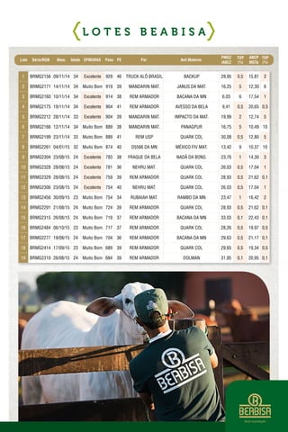 L O T E S B E A B I S A
1 BRMG2156 09/11/14 34 Excelente 929 46 TRUCK ALÔ BRASIL BACKUP 29,95 0,5 15,81 2
2 BRMG2171 14/11/14 34 Muito Bom 919 39 MANDARIN MAT. JANUS DA MAT. 16,25 5 12,30 6
3 BRMG2160 10/11/14 34 Excelente 914 38 REM ARMADOR BACANA DA MN 6,03 6 17,54 1
4 BRMG2175 19/11/14 34 Excelente 904 41 REM ARMADOR AVESSO DA BELA 9,41 0,5 20,65 0,5
5 BRMG2212 28/11/14 33 Excelente 904 39 MANDARIN MAT. IMPACTO DA MAT. 19,99 2 12,74 5
6 BRMG2166 12/11/14 34 Muito Bom 889 38 MANDARIN MAT. PANAGPUR 16,75 5 10,49 10
7 BRMG2199 23/11/14 33 Muito Bom 889 41 REM USP QUARK COL 30,08 0,5 12,80 5
8 BRMG2261 04/01/15 32 Muito Bom 874 40 D5566 DA MN MÉXICO FIV MAT. 13,42 9 10,37 10
9 BRMG2304 23/08/15 24 Excelente 783 38 FRAQUE DA BELA NADÃ DA BONS. 23,76 1 14,30 3
10 BRMG2328 28/08/15 24 Excelente 781 36 NEHRU MAT. QUARK COL 26,03 0,5 17,04 1
11 BRMG2329 28/08/15 24 Excelente 759 39 REM ARMADOR QUARK COL 28,93 0,5 21,62 0,1
12 BRMG2306 23/08/15 24 Excelente 754 40 NEHRU MAT. QUARK COL 26,03 0,5 17,04 1
13 BRMG2456 30/09/15 23 Muito Bom 754 34 RUBAIAH MAT. RAMBO DA MN 23,47 1 16,42 2
14 BRMG2291 21/08/15 24 Muito Bom 724 39 REM ARMADOR QUARK COL 28,93 0,5 21,62 0,1
15 BRMG2315 26/08/15 24 Muito Bom 719 37 REM ARMADOR BACANA DA MN 33,03 0,1 22,43 0,1
16 BRMG2484 06/10/15 23 Muito Bom 717 37 REM ARMADOR QUARK COL 28,26 0,5 19,97 0,5
17 BRMG2277 19/08/15 24 Muito Bom 704 36 REM ARMADOR BACANA DA MN 29,63 0,5 21,17 0,1
18 BRMG2414 17/09/15 23 Muito Bom 689 39 REM ARMADOR QUARK COL 29,65 0,5 19,34 0,5
19 BRMG2310 26/08/15 24 Muito Bom 684 39 REM ARMADOR DOLMAN 31,95 0,1 20,95 0,1
Lote Série/RGN Nasc. Idade EPMURAS Peso PE Pai Avô Materno
PMGZ
iABCZ
TOP
(%)
ANCP
MGTe
TOP
(%)
Amor à produção.
 