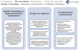 A empresa – Os serviços –Parceiros – Casos de sucesso
Gestão e Estratégia – Indicadores e Desempenho – Facilitação e Workshops



  Gestão Estratégica e
                                                                        Investimentos
   Desenvolvimento                   Design de negócios
                                                                         sustentáveis
      Sustentável

                                        Desenvolvimento de um         Serviços de assessoria a
        Desenvolvemos planos          modelo de negócios inovador     investidores:
    estratégicos alinhados para a         para start-ups ou a         • Análise de riscos e
          adoção de práticas         remodelagem de uma empresa         oportunidades setoriais
    sustentáveis pelas empresas.             estabelecida.            • Análises de estratégias
    O diferencial é a aplicação de                                      empresariais
       uma metodologia sólida,                                        • Elaboração de manuais de
              difundida                                                 avaliação de ativos
                                      O conhecimento é repassado
         internacionalmente:
                                          integralmente para a
     o Framework for Strategic
                                         organização através de
     Sustainable Development,
                                      workshops e treinamentos.
      conduzindo processos de
    planejamento estratégico em                                       Apoio a empresas investidas:
      organizações que buscam
      gerar valor consistente no                                      • Avaliação de estratégias
      longo prazo, se tornando       Aplicação de metodologias de     • Definição de métricas
           verdadeiramente           estado da arte como business     • Comunicação com
             sustentáveis.           model generation e estratégias     investidores
                                            do oceano azul.



                                                                                                     4
 