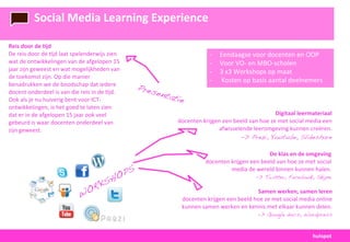Social	
  Media	
  Learning	
  Experience

Reis	
  door	
  de	
  >jd
De	
  reis	
  door	
  de	
  =jd	
  laat	
  spelenderwijs	
  zien	
                                     -­‐   Eendaagse	
  voor	
  docenten	
  en	
  OOP
wat	
  de	
  ontwikkelingen	
  van	
  de	
  afgelopen	
  15	
                                          -­‐   Voor	
  VO-­‐	
  en	
  MBO-­‐scholen
jaar	
  zijn	
  geweest	
  en	
  wat	
  mogelijkheden	
  van	
                                         -­‐   3	
  x3	
  Workshops	
  op	
  maat
de	
  toekomst	
  zijn.	
  Op	
  die	
  manier	
  
                                                                                                       -­‐   	
  Kosten	
  op	
  basis	
  aantal	
  deelnemers
benadrukken	
  we	
  de	
  boodschap	
  dat	
  iedere	
  
                                                                          Pres
docent	
  onderdeel	
  is	
  van	
  die	
  reis	
  in	
  de	
  =jd.	
         enta
Ook	
  als	
  je	
  nu	
  huiverig	
  bent	
  voor	
  ICT-­‐	
                    tie
ontwikkelingen,	
  is	
  het	
  goed	
  te	
  laten	
  zien	
  
dat	
  er	
  in	
  de	
  afgelopen	
  15	
  jaar	
  ook	
  veel	
                                                                           Digitaal	
  leermateriaal
gebeurd	
  is	
  waar	
  docenten	
  onderdeel	
  van	
                              docenten	
  krijgen	
  een	
  beeld	
  van	
  hoe	
  ze	
  met	
  social	
  media	
  een	
  
zijn	
  geweest.	
                                                                                      afwisselende	
  leeromgeving	
  kunnen	
  creëren.
                                                                                                                     -> Prezi, Youtube, Slideshare

                                                                                                                                      De	
  klas	
  en	
  de	
  omgeving
                                                                                                     docenten	
  krijgen	
  een	
  beeld	
  van	
  hoe	
  ze	
  met	
  social	
  
                                                                    S                                            media	
  de	
  wereld	
  binnen	
  kunnen	
  halen.
                                                                H OP                                                              -> Twitter, Facebook, Skype
                                                K           S
                                            WOR                                                                                Samen	
  werken,	
  samen	
  leren
                                                                                       docenten	
  krijgen	
  een	
  beeld	
  hoe	
  ze	
  met	
  social	
  media	
  online	
  
                                                                                       kunnen	
  samen	
  werken	
  en	
  kennis	
  met	
  elkaar	
  kunnen	
  delen.
                                                                                                                                    -> Google docs, Wordpress



                                                                                                                                                                     hutspot
 