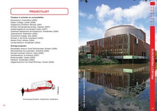 PROJECTLIJST

     Theaters in scholen en universiteiten
     Eemcentrum, Amersfoort (2009)
     Deltion College, Zwolle (2008)
     Hogeschool Inholland, Alkmaar (2007
     Schoter Scholengemeenschap, Haarlem (2007)
     Academiegebouw Universiteit Leiden (2007)
     Openbare basisschool de Kinkerbuurt, Ámsterdam (2006)
     Julianaschool, Rotterdam (2004)
     Groenhorst College, Ede (2004)
     Scholen in de Kunst, Amersfoort (2004)
     Almere Poort, Almere (2004)
     Conservatorium, Amsterdam (2002)
     Overige projecten
     Revalidatie centrum Groot Klimmendaal, Arnhem (2008)




                                                                                                                             PROJECT PRESENTATIE
     Woonstichting De Leyenstein, Kerkdriel (2008)
     Sociaal Cultureel Centrum, Gilze (2008)
     Gemeentehuis, Purmerend (2007)
     Buitensociëteit, Zwolle (2006)
     Parkkerk, Ámsterdam (2004)
     Uitgaanscentrum De Graaf Wichman, Huizen (2000)




                                                                      Theater de Spiegel, Zwolle, Nederland © Rob Hoekstra
                                                          © Mecanoo




                  Schouwburg Amphion, Doetinchem, Nederland


20
                                                                                                                                 21
 