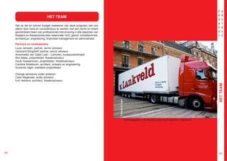 HET TEAM

     Het op tijd en binnen budget realiseren van deze projecten lukt ons
     alleen door hard en consciëntieus te werken met een hecht en breed
     georiënteerd team van professionals met ervaring in alle aspecten van
     theaters en theaterproducties waaronder licht, geluid, toneeltechniek,
     architectuur, engineering, financieel management en administratie.

     Partners en medewerkers
     Louis Janssen, partner, senior adviseur
     Gerbrand Borgdorff, partner, senior adviseur
     Annemieke van Galen Last – Lammen, bureaucoördinator
     Ron Maas, projectleider, theateradviseur
     Huub Huikeshoven, projectleider, theateradviseur
     Caroline Noteboom, architect, ontwerp en engineering
     Suzanne Jager, assistent projectleider

     Overige adviseurs onder anderen:
     Cees Wagenaar, audio adviseur
     Eric Heldens, architect, theateradviseur




                                                                                                                                                             HET TEAM
                                                                              © Suzanne Jager
                                                                                                Vrachtwagenlift in de Stadsschouwburg Amsterdam, Nederland




44                                                                                                                                                            45
 