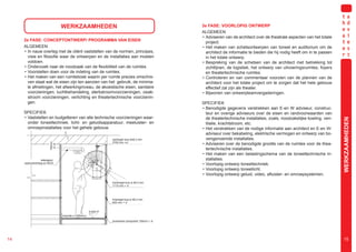 WERKZAAMHEDEN                                                 3e FASE: VOORLOPIG ONTWERP
                                                                                               ALGEMEEN
                                                                                               • Adviseren van de architect over de theatrale aspecten van het totale
     2e FASE: CONCEPTONTWERP/ PROGRAMMA VAN EISEN                                                project.
     ALGEMEEN                                                                                  • Het maken van schetsontwerpen van toneel en auditorium om de
     • In nauw overleg met de cliënt vaststellen van de normen, principes,                       architect de informatie te bieden die hij nodig heeft om in te passen
       visie en filosofie waar de ontwerpen en de installaties aan moeten                        in het totale ontwerp.
       voldoen.                                                                                • Bespreking van de schetsen van de architect met betrekking tot
     • Onderzoek naar de noodzaak van de flexibiliteit van de ruimtes.                           zichtlijnen, de logistiek, het ontwerp van uitvoeringsruimtes, foyers
     • Voorstellen doen voor de indeling van de ruimtes.                                         en theatertechnische ruimtes.
     • Het maken van een ruimteboek waarin per ruimte precies omschre-                         • Controleren en van commentaar voorzien van de plannen van de
       ven staat wat de eisen zijn ten aanzien van het gebruik, de minima-                       architect voor het totale project om te zorgen dat het hele gebouw
       le afmetingen, het afwerkingniveau, de akoestische eisen, sanitaire                       effectief zal zijn als theater.
       voorzieningen, luchtbehandeling, sterkstroomvoorzieningen, zwak-                        • Bijwonen van ontwerpteamvergaderingen.
       stroom voorzieningen, verlichting en theatertechnische voorzienin-
       gen.                                                                                    SPECIFIEK
                                                                                               • Benodigde gegevens verstrekken aan E-en W adviseur, construc-
     SPECIFIEK                                                                                   teur en overige adviseurs over de eisen en randvoorwaarden van
     • Vaststellen en budgetteren van alle technische voorzieningen waar-                        de theatertechnische installaties, zoals, noodzakelijke koeling, ven-




                                                                                                                                                                         WERKZAAMHEDEN
       onder toneeltechniek, licht- en geluidsapparatuur, meeluister- en                         tilatie, krachtstroom, etc.
       omroepinstallaties voor het gehele gebouw.                                              • Het verstrekken van de nodige informatie aan architect en E-en W-
                                                                                                 adviseur over bekabeling, elektrische vermogen en ontwerp van bo-
                                                              spotregel buis ø48,3 mm            vengenoemde installaties.
                                                              2100 mm +vl
                                                                                               • Adviseren over de benodigde grootte van de ruimtes voor de thea-
                         100mm




                                                                                                 tertechnische installaties.
                                                                                               • Het maken van een belastingschema van de toneeltechnische in-
                   kabelgoot,                                                                    stallaties.
     werkverlichting en WCD                                                                    • Voorlopig ontwerp toneeltechniek.
                                                                                               • Voorlopig ontwerp toneellicht.
                                                                                               • Voorlopig ontwerp geluid, video, afluister- en omroepsystemen.
                                                              handregel buis ø 48,3 mm
                                                              1110 mm + vl




                                                              knieregel buis ø 48,3 mm
                                                              600 mm + vl


                                                    9.500+P
                                 loopvlak ±1300mm
                                                              bovenkant schoprand 150mm + vl




14                                                                                                                                                                         15
 