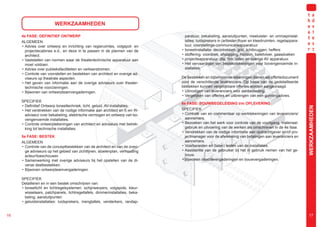 WERKZAAMHEDEN

     4e FASE: DEFINITIEF ONTWERP                                                  paratuur, bekabeling, aansluitpunten, meeluister- en omroepinstal-
     ALGEMEEN                                                                     laties: luidsprekers in (artiesten)foyer en kleedruimten, regelappara-
     • Advies over ontwerp en inrichting van regieruimtes, volgspot- en           tuur, voorstellings-communicatieapparatuur
       projectiecabines e.d., en deze in te passen in de plannen van de       •   toneelinstallatie: decortrekken, grid, lichtbruggen, heffers
       architect.                                                             •   stoffering: voordoek, afstopping, horizon, balletvloer, gaasdoeken
     • Vaststellen van normen waar de theatertechnische apparatuur aan        •   projectieapparatuur: dia, film, video en overige AV apparatuur.
       moet voldoen.                                                          •   Het vervaardigen van bestekstekeningen voor bovengenoemde in-
     • Advies over publieksfaciliteiten en verkeerstromen.                        stallaties.
     • Controle van voorstellen en bestekken van architect en overige ad-
       viseurs op theatrale aspecten.                                         De bestekken en bijbehorende tekeningen dienen als offertedocument
     • Het geven van informatie aan de overige adviseurs over theater-        voor de verschillende leveranciers. Op basis van de gedetailleerde
       technische voorzieningen.                                              bestekken kunnen vergelijkbare offertes worden aangevraagd.
     • Bijwonen van ontwerpteamvergaderingen.                                 • Uitnodigen van leveranciers voor aanbesteding.
                                                                              • Vergelijken van offertes en uitbrengen van een gunningadvies.
     SPECIFIEK
                                                                              6e FASE: BOUWBEGELEIDING t/m OPLEVERING
     • Definitief Ontwerp toneeltechniek, licht, geluid, AV-installaties.




                                                                                                                                                           WERKZAAMHEDEN
     • Het verstrekken van de nodige informatie aan architect en E-en W-      SPECIFIEK
       adviseur over bekabeling, elektrische vermogen en ontwerp van bo-      • Controle van en commentaar op werktekeningen van leveranciers/
       vengenoemde installaties.                                                aannemers.
     • Controle ontwerptekeningen van architect en adviseurs met betrek-      • Bezoeken van het werk voor controle van de voortgang, materiaal-
       king tot technische installaties.                                        gebruik en uitvoering van de werken als omschreven in de 4e fase.
                                                                              • Verstrekken van de nodige informatie aan opdrachtgever en/of pro-
     5e FASE: BESTEK                                                            jectmanager voor de afwikkeling van betalingen aan leveranciers en
     ALGEMEEN                                                                   aannemers.
     • Controle van de conceptbestekken van de architect en van de overi-     • Voorbereiden en (laten) testen van de installaties.
       ge adviseurs op het gebied van zichtlijnen, stoelenplan, verhouding    • Assistentie van de gebruiker bij het in gebruik nemen van het ge-
       acteur/toeschouwer.                                                      bouw.
     • Samenwerking met overige adviseurs bij het opstellen van de di-        • Bijwonen directievergaderingen en bouwvergaderingen.
       verse deelbestekken.
     • Bijwonen ontwerpteamvergaderingen.

     SPECIFIEK
     Detailleren en in een bestek omschrijven van:
     • toneellicht en lichtregelsystemen: schijnwerpers, volgspots, kleur-
       wisselaars, patchpanels, lichtregeltafels, dimmerinstallaties, beka-
       beling, aansluitpunten
     • geluidsinstallaties: luidsprekers, mengtafels, versterkers, randap-


16                                                                                                                                                           17
 