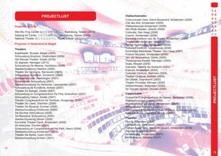PROJECTLIJST                                     Vlakkevloerzalen
                                                                           Cultuurcluster Getz, ArenA Boulevard, Amsterdam (2009)
                                                                           Cité des Arts, Amsterdam (2009)
     Projecten in Azië                                                     Vlakkevloerzaal Amsterdam (2008)
                                                                           Het Wilde Westen, Utrecht (2008)
     Wei-Wu-Ying Center 衛武營藝術文化中心, Kaohsiung, Taiwan (2012)                Culturalis, Den Haag (2008)
     Dadong Art Center 大東文化藝術中心, Kaohsiung, Taiwan (2009)                  Cosmic, Amsterdam (2008)
     National Theater 國立中正文化中心, Taipei, Taiwan (2010)                      Koninklijk Instituut voor de Tropen, Amsterdam (2008)
                                                                           Theater aan de Slinger, Houten (2008)
     Projecten in Nederland en België                                      Bijlmer Parktheater, Amsterdam (2008)
     Theaters                                                              Cultureel Centrum, IJsselmonde (2008)
                                                                           Koninklijke Bibliotheek Theater, Den Haag (2007)
     Kaaitheater, Brussel, België (2009)                                   Podium Mozaïek, Amsterdam (2006)
     Schouwburg Amphion, Doetinchem (2009)                                 Jan van Besouwhuis, Goirle (2005)
     Het Nieuwe Theater, Sneek (2010)                                      Theatergroep Kwatta, Nijmegen (2005)
     52 degrees, Nijmegen (2010)                                           Scala, Meppel (2005)
     Schouwburg De Meerse, Hoofddorp (2009)                                Cascade, Hendrik Ido Ambacht (2005)
     Stadsschouwburg Haarlem (2008)                                        Frascati, Amsterdam (2004)
     Theater De Harmonie, Barneveld (2008)                                 Cultureel Centrum, Bathmen (2004)
     Schouwburg Kunstmin, Dordrecht (2008)                                 Theater Oostpool, Arnhem (2003)




                                                                                                                                    PROJECTLIJST
     Stadsgehoorzaal, Vlaardingen (2007)                                   De Uitstek, Zwijndrecht (2003)
     Rotterdamse Schouwburg (2007)                                         Theater Provadja, Alkmaar (2000)
     Stadsschouwburg De Harmonie, Leeuwarden (2007)                        Hofpleintheater, Rotterdam (2000)
     Schouwburg de Kunstlinie, Almere (2007)                               De Voorste Vennen, Drunen (2000)
     Theater De Spiegel, Zwolle (2007)
     Schouwburg en Congrescentrum De Flint, Amersfoort (2007)              Concertzalen
     Schouwburg Odeon, Zwolle (2007)                                       Concert-en Congresgebouw de Doelen, Rotterdam (2009)
     Theater-Congrescentrum De Tamboer, Hoogeveen (2007)                   Stadsgehoorzaal, Leiden (2008)
     Theater De Lawei, Drachten (2006)                                     Muziekgebouw aan het IJ, Amsterdam (2006)
     Theater De Muzeval, Emmen (2006)                                      Philharmonie, Haarlem (2006)
     Stadsschouwburg Eindhoven (2005)                                      Schouwburg en Congrescentrum Orpheus, Apeldoorn (2005)
     De Goudse Schouwburg (2005)                                           Casino Kursaal, Oostende, Belgie (2005)
     De Rijswijkse Schouwburg (2005)                            PROJECTS
                                                                           Popzalen
     Stadsschouwburg Velsen (2005)
     Koninklijk Theater Carré, Amsterdam (2005)                            Pius X, Volendam (2009)
     De Meerpaal, Dronten (2005)                                           Eemcentrum, Amersfoort (2009)
     Schouwburg en Congrescentrum Het Park, Hoorn (2004)                   Cultuurcluster Getz, ArenA Boulevard, Amsterdam (2009)
     Stadsschouwburg Amsterdam (2004)                                      Pophart, Hoofddorp (2009)
     Theater De Mythe, Goes (2003)                                         De Melkweg, Amsterdam (2007)
     Stadsschouwburg Arnhem (2001)                                         De Metropool, Hengelo (2007)



18                                                                                                                                    19
                                                                                                                                      19
 