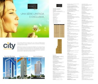 UMA SÉRIE LIMITADA
E EXCLUSIVA
A City Soluções Urbanas foi criada em 2012 com a missão de entregar produtos
imobiliários modernos e de alta qualidade construtiva que atendam às necessidades
e aos desejos dos seus clientes.
Idealizada para mostrar que é possível pensar diferente, a City Soluções Urbanas
traz a inovação necessária para realizar seus sonhos, pensando sempre no bem
estar e qualidade de vida de cada cliente. Nossos empreendimentos são realizados
visando atender as necessidades individuais de espaço, promovendo o bem-estar e
proporcionando o melhor para você e para sua família.
Buena Vista Office Design Bougainville Square Areião Park Residence
100%
Vendido
Valorização de 15%
em
um
ano
MEMORIAL DESCRITIVO
FICHA TÉCNICA
SPE RESIDENCIAL T25 EMPREENDIMENTOS LTDA
Endereço: Praça T-25 esq. Com Rua T36, Qd 127, Lote 08 – Setor
Bueno
Incorporação: City Soluções Urbanas
Construção: City Soluções Urbanas
Projeto de Arquitetura: Victor Tomé
Paisagismo: Fernanda Simão
Interiores: Victor Tomé
EMPREENDIMENTO
Área do terreno: 512,50 m2
Tipologia: 3 ou 4 suítes
Unidades por andar: 01
Número de torres: 01
Número de pavimentos: 17
Vagas por apartamento: 03 ou 04 vagas
Número de elevadores: 02
QUADRO DE ÁREAS (m2)
PAREDE: REBOCO PAULISTA COM PINTURA PVA TEXTURIZADA
TETO: PINTURA PVA SOBRE LAJE.
PORTA: ALUMÍNIO COM VENEZIANA VENTILADA
ANTECÂMARA ESCADA PRESSURIZADA – SUBSOLO 01
PISO: CONCRETO DESEMPENADO COM PINTURA
PAREDE: REBOCO PAULISTA COM PINTURA PVA TEXTURIZADA
TETO: PINTURA PVA SOBRE LAJE
PORTA ESCADA: PINTURA ESMALTE SINTÉTICO
CASA DE MÁQUINAS ESCADA PRESSURIZADA
PISO: CONCRETO DESEMPENADO COM PINTURA
PAREDE: REBOCO PAULISTA COM PINTURA PVA TEXTURIZADA
TETO: PINTURA PVA SOBRE LAJE.
PORTA ESCADA: PINTURA ESMALTE SINTÉTICO
TÉRREO
ACESSO/PULMÃO
PISO: PORCELANATO 100 x100 cm
PORTA: PELE DE VIDRO INCOLOR COM ALUMÍNIO
HALL SOCIAL / GUARITA
PISO: PORCELANATO 100 x100 cm
PAREDE: REVESTIMENTO EM MÁRMORE BRUTO NAS PAREDES DO
ELEVADOR E NAS RESTANTES REVESTIMENTO DE PAINEL DE MADEIRA.
PORTA ELEVADOR: INOX ACETINADO
SOLEIRA: PORCELANATO 100 x100 cm
TETO: FORRO DE MADEIRA
WC GUARITA
PISO: PORCELANATO 60 x 60 cm
RODAPÉ: PORCELANATO 60 x 60 cm com altura de 20 cm
TETO: FORRO DE GESSO LISO COM PINTURA PVA
WC FUNCIONÁRIOS
PISO: PORCELANATO 60 x 60 cm
RODAPÉ: PORCELANATO 60 x 60 cm com altura de 20 cm
TETO: FORRO DE GESSO LISO COM PINTURA PVA
PLAYGROUND
PISO: PORCELANATO 60 x 60 cm
PAREDE: PORTAS DE VIDRO ADESIVADAS E MÁRMORE BRUTO NO
ENTORNO DA PISCINA.
FITNESS
PISO: PORCELANATO 100 x 100 cm
RODAPÉ: PORCELANATO 100 x 100 cm com altura de 20 cm
PAREDE: PAREDE LATERAL REVESTIDA EM TIJOLO E AS DEMAIS PAREDES
PINTADAS
TETO: FORRO DE MADEIRA NA ENTRADA DO AMBIENTE E FORRO DE
GESSO PINTADO
CENTRAL DE GÁS
PISO: CONCRETO DESEMPENADO COM PINTURA.
PAREDE: REBOCO PAULISTA COM PINTURA PVA TEXTURIZADA
TETO: REBOCO PAULISTA COM PINTURA PVA TEXTURIZADA
MEDIDORES
PISO: CONCRETO DESEMPENADO COM PINTURA
PAREDE: REBOCO PAULISTA COM PINTURA PVA TEXTURIZADA
TETO: PINTURA PVA SOBRE LAJE.
PORTA: DE ABRIR EM ALUMÍNIO VENEZIANA ABERTA
DEPÓSITO DESCOBERTO GERADOR
PISO: CONCRETO DESEMPENADO COM PINTURA
PAREDE: REBOCO PAULISTA COM PINTURA PVA TEXTURIZADA
TETO: PINTURA PVA SOBRE LAJE.
LIXO
PISO: CONCRETO DESEMPENADO COM PINTURA
PAREDE: REBOCO PAULISTA COM PINTURA PVA TEXTURIZADA
TETO: PINTURA PVA SOBRE LAJE.
PORTA: DE ABRIR 2 FOLHAS EM ALUMÍNIO VENEZIANA ABERTA
ESPAÇO GOURMET
PISO: PORCELANATO 100 cm x 100 cm
RODAPÉ: PORCELANATO 100 cm x 100 cm com altura de 20 cm.
PAREDE: REVESTIMENTO EM TIJOLO NA ÁREA DE ESTAR, PINTURA
JUNTO A BANCADA E NO RESTANTE DO AMBIENTE.
TETO: FORRO DE MADEIRA
BANCADA: GRANITO PRETO
BALCÃO: MÁRMORE
DECK/PISCINA
PISO: PORCELANATO 15 cm x 90 cm NO ENTORNO DA PISCINA
(DECK) E PEDRA HITAM NA PISCINA.
PAREDE: TIJOLO
GUARDA CORPO: VIDRO INCOLOR COM ALUMÍNIO BRANCO
COZINHA
PISO: PORCELANATO 80 X 80 cm
RODAPÉ: PORCELANATO 80 X 80 cm com altura de 25cm.
PAREDE: CERÂMICA 30X60 cm.
TETO: FORRO DE GESSO LISO COM PINTURA PVA
WC FEMININO, WC MASCULINO, DUCHA SAUNA
PISO: PORCELANATO 60 x 60 cm
RODAPÉ: PORCELANATO 60 x 60 com altura de20cm.
TETO: FORRO DE GESSO LISO COM PINTURA PVA
EQUIPAMENTO SAUNA: GERADOR DE CALOR A VAPOR COMPACT
LINE SODRAMAR 9KW OU SIMILAR
CIRCULAÇÃO DE SERVIÇO
PISO: PORCELANATO 60 x 60 cm
RODAPÉ: PORCELANATO 60 x 60 com altura de20cm.
TETO: FORRO DE GESSO LISO COM PINTURA PVA
COPA
PISO: PORCELANATO 60 x 60 cm
RODAPÉ: PORCELANATO 60 x 60 com altura de20cm.
PAREDE: CERÂMICA 30X60 cm NA PAREDE JUNTO A BANCADA E O
RESTANTE REBOCO PAULISTA COM PINTURA PVA
TETO: FORRO DE GESSO LISO COM PINTURA PVA
ADMINISTRAÇÃO
PISO: PORCELANATO 60 x 60 cm
RODAPÉ: PORCELANATO 60 x 60 com altura de20cm.
PAREDE: REBOCO PAULISTA COM PINTURA PVA
TETO: FORRO DE GESSO LISO COM PINTURA PVA
ESCADA
PISO: CONCRETO DESEMPENADO COM PINTURA
PAREDE: REBOCO PAULISTA COM PINTURA PVA TEXTURIZADA
TETO: REBOCO PAULISTA COM PINTURA PVA TEXTURIZADA
CORRIMÃO: EM AÇO PINTADO COM PINTURA ESMALTE SINTÉTICO
PORTA ESCADA: PINTURA ESMALTE SINTÉTICO
DEPÓSITO COBERTO
PISO: PORCELANATO 100 x 100 cm
PAREDE: REBOCO PAULISTA COM PINTURA PVA TEXTURIZADA
RAMPA DE VEÍCULOS
PISO: LADRILHO RAMPA 10 GOMOS 20X20CM COR NATURAL
PAREDE: REBOCO PAULISTA COM PINTURA PVA TEXTURIZADA
TETO: PINTURA PVA SOBRE LAJE.
APARTAMENTOS
LAJE TÉCNICA E TERRAÇOS DESCOBERTOS
PISO: PORCELANATO 1,00X1,00m
RODAPÉ: PORCELANATO 1,00X1,00m com altura de 20 cm.
PAREDE: PINTURA TEXTURIZADA CONFORME FACHADA.
GUARDA CORPO: ALUMÍNIO E VIDRO.
ÁREA DE SERVIÇO
PISO: PORCELANATO 1,00mx1,00m.
RODAPÉ: PORCELANATO 1,00mx1,00m com altura de 20cm.
TANQUE: TANQUE AÇO INOX
PAREDE: CERÂMICA 30X60 cm
TETO: FORRO DE GESSO LISO COM PINTURA PVA
BANCADA: MÁRMORE SINTÉTICO BRANCO PREMIER OU SIMILAR (5
cm DE TESTEIRA E 10 cm DE RODAMÃO).
BANHO DE SERVIÇO
PISO: CERÂMICA 30X30 cm.
PAREDE: CERÂMICA 30X30 cm.
TETO: FORRO DE GESSO LISO COM PINTURA PVA
PORTA: EM ALUMÍNIO COM VENEZIANA ABERTA
COZINHA
PISO: PORCELANATO 1,00mx1,00m.
RODAPÉ: PORCELANATO 1,00mx1,00m com altura de 20cm.
BANCADA: MÁRMORE SINTÉTICO BRANCO PREMIER OU SIMILAR (5
cm DE TESTEIRA E 10 cm DE RODAMÃO).
PAREDE: CERÂMICA 30X60 cm NA PAREDE JUNTO A BANCADA E O
RESTANTE REBOCO PAULISTA COM PINTURA PVA.
TETO: FORRO DE GESSO LISO COM PINTURA PVA
VARANDA COBERTA
PISO: PORCELANATO 1,00mx1,00m.
RODAPÉ: PORCELANATO 1,00mx1,00m com altura de 20cm.
BANCADA: MÁRMORE SINTÉTICO BRANCO PREMIER OU SIMILAR (5
cm DE TESTEIRA E 10CM DE RODAMÃO).
PAREDE: PINTURA PVA TEXTURIZADA CONFORME FACHADA.
TETO: FORRO DE MADEIRA.
GUARDA CORPO: ALUMÍNIO E VIDRO.
LAVABO
PISO: PORCELANATO 1,00mx1,00m.
RODAPÉ: PORCELANATO 1,00mx1,00m com altura de 20cm.
BANCADA: MÁRMORE SINTÉTICO BRANCO PREMIER OU SIMILAR (40
cm DE TESTEIRA E 30 cm DE RODAMÃO).
PAREDE: REBOCO PAULISTA COM PINTURA PVA
TETO: FORRO DE GESSO LISO COM PINTURA PVA
SUÍTES MASTER/01/02
PISO: PORCELANATO 1,00mx1,00m.
RODAPÉ: PORCELANATO 1,00mx1,00m com altura de 20cm.
PAREDE: REBOCO PAULISTA COM PINTURA PVA
TETO: FORRO DE GESSO LISO COM PINTURA PVA
BANHEIRO SUÍTE 1 MASTER
PISO: PORCELANATO 60X60 cm.
RODAPÉ: PORCELANATO 60X60 cm com altura de 20cm
BANCADA: MÁRMORE SINTÉTICO BRANCO PREMIER OU SIMILAR (20
cm DE TESTEIRA E 25 cm DE RODAMÃO).
PAREDE: CERÂMICA 30X60 cm NO BOX RESTANTE EM REBOCO
PAULISTA COM PINTURA PVA
TETO: FORRO DE GESSO LISO COM PINTURA PVA
BANHEIRO SUÍTE 01/02
PISO: PORCELANATO 60X60 cm.
RODAPÉ: PORCELANATO 60X60 cm com altura de 20cm
SOLEIRA: MÁRMORE BEGE BAHIA.
BANCADA: MÁRMORE BEGE BAHIA OU SIMILAR (20 cm DE TESTEIRA E
25 cm DE RODAMÃO).
PAREDE: CERÂMICA 30X60 cm NO BOX RESTANTE EM REBOCO
PAULISTA COM PINTURA PVA
TETO: FORRO DE GESSO LISO COM PINTURA PVA BRANCO NEVE
LIVING
PISO: PORCELANATO 1,00X1,00m
RODAPÉ: PORCELANATO1,00X1,00m com altura de 20cm.
PAREDE: REBOCO PAULISTA COM PINTURA PVA COR
TETO: FORRO DE GESSO LISO COM PINTURA PVA COR
HALL DE SERVIÇO
PISO: PORCELANATO 60X60 cm.
RODAPÉ: PORCELANATO 60X60 cm com altura de 20cm
PAREDE: REBOCO PAULISTA COM PINTURA PVA
TETO: FORRO DE GESSO LISO COM PINTURA PVA
ESCADA
PISO: CONCRETO DESEMPENADO COM PINTURA
PAREDE: REBOCO PAULISTA COM PINTURA PVA
TETO: REBOCO PAULISTA COM PINTURA PVA TEXTURIZADA
CORRIMÃO: AÇO PINTADO
PORTA ESCADA: PINTURA ESMALTE SINTÉTICO
1 - EQUIPAMENTOS E DECORAÇÃO
Alguns ambientes e/ou áreas comuns serão entregues equipados e/ou
mobiliados, conforme relação a seguir:
1.1 - Térreo
Os demais ambientes e/ou áreas não relacionadas acima e
constantes desse memorial deverão ser equipados e/ou mobiliados
diretamente pelo condomínio após o recebimento da obra.
2- EQUIPAMENTOS DE SEGURANÇA
2.1- Gradil e muros altos de acordo com o projeto de arquitetura
2.2- 01 (um) portão metálico, com pintura esmalte sintético, para acesso
de veículos
2.3- Previsão para instalação dos portões eletrônicos (os equipamentos
não serão entregues pela construtora)
2.4- Instalação de luz de emergência nos principais pontos de acesso
com acionamento automático
2.5- Para-raios tipo Franklin
2.6- 01 (um) portão metálico com pintura esmalte sintético, para acesso
de pedestres
2.7- Previsão para instalação de porteiro eletrônico (o equipamento
não será entregue pela construtora)
2.8- Previsão para instalação da central de portaria com interfones (os
equipamentos não serão entregues pela construtora)
3- OUTROS EQUIPAMENTOS E MATERIAIS
3.1- Esquadrias
-As esquadrias do edifício serão em alumínio com pintura eletrostática
branca e as venezianas de alumínio cor branca
- Os guarda-corpos das varandas serão em alumínio com pintura
eletrostática branca
- Portas, batentes e guarnições de madeira com acabamento em
seladora
- Portas corta-fogo em chapa metálica com pintura esmalte sintético
- As esquadrias de ferro receberão acabamento com pintura esmalte
sintético
3.2- Vidros
- Os vidros das janelas e portas serão incolores de fabricação
nacional, com espessuras compatíveis aos vãos
- Os vidros dos guarda-corpos das varandas serão verdes de
fabricação nacional, com espessuras compatíveis aos vãos
3.3- Ferragens
- Marca: Arouca, La fonte, Papaiz, Brasil ou Imab
3.4- Metais
- Marca: Docol, Fabrimar ou Deca
- Os acessórios (papeleiras, saboneteiras, cabides, porta toalhas,
assentos de vasos sanitários, duchas higiênicas e chuveiros) deverão
ESPECIFICAÇÕES
SUBSOLO 03 / SUBSOLO 02 / SUBSOLO 01
HALL DE ELEVADORES SOCIAIS
PISO: PORCELANATO 60 x 60 cm
RODAPÉ: PORCELANATO 60 x 60 cm com 20 cm de altura
PAREDE: REBOCO PAULISTA COM PINTURA PVA
TETO: FORRO DE GESSO LISO COM PINTURA PVA
PORTA ELEVADOR: INOX
HALL DE ELEVADOR SERVIÇO
PISO: PORCELANATO 60 x 60 cm
RODAPÉ: PORCELANATO 60 x 60 cm com 20 cm de altura
PAREDE: REBOCO PAULISTA COM PINTURA PVA
TETO: FORRO DE GESSO LISO COM PINTURA PVA
PORTA ELEVADOR: INOX
GARAGEM
PISO: CONCRETO POLIDO MECANICAMENTE.
MARCAÇÃO DE VAGAS: COR AMARELA
GRELHAS: EM METAL COM PINTURA ESMALTE SINTÉTICA FOSCA
PAREDE: REBOCO PAULISTA COM PINTURA PVA TEXTURIZADA
TETO: PINTURA PVA SOBRE LAJE.
RAMPA DE VEÍCULOS
PISO: LADRILHO HIDRÁULICO RAMPA
PAREDE: REBOCO PAULISTA COM PINTURA PVA TEXTURIZADA
TETO: PINTURA PVA SOBRE LAJE.
ESCADA
PISO: CONCRETO DESEMPENADO COM PINTURA COR
CONCRETO
PAREDE: REBOCO PAULISTA COM PINTURA PVA TEXTURIZADA
TETO: REBOCO PAULISTA COM PINTURA PVA TEXTURIZADA
CORRIMÃO: EM AÇO PINTADO FIXADO
PORTA ESCADA: PINTURA ESMALTE SINTÉTICO
RESERVATÓRIO INFERIOR – SUBSOLO 03
PISO: CONCRETO DESEMPENADO COM PINTURA
PAREDE: REBOCO PAULISTA COM PINTURA PVA TEXTURIZADA
TETO: PINTURA PVA SOBRE LAJE.
PORTA: ALUMÍNIO COM VENEZIANA VENTILADA
ESCANINHOS
PISO: CONCRETO DESEMPENADO COM PINTURA
APARTAMENTOS
200
300
400
500
600
700
800
900
1000
1100
1200
1300 - Cobertura Duplex
ESCANINHOS
1
2
3
4
5
6
ÁREA PRIVATIVA
311,40
295,20
251,46
211,23
211,23
178,81
178,81
178,81
178,81
178,81
178,81
348,81
ÁREA PRIVATIVA
3,26
3,03
3,24
2,92
2,73
2,92
1300
1200
1100
1000
900
800
700
600
500
400
300
200
TÉRREO
SS1
SS2
SS3
 