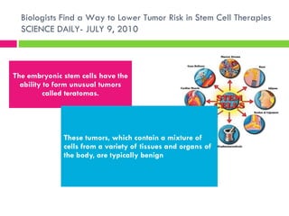 The embryonic stem cells have the ability to form unusual tumors called teratomas. These tumors, which contain a mixture of cells from a variety of tissues and organs of the body, are typically benign Biologists Find a Way to Lower Tumor Risk in Stem Cell Therapies SCIENCE DAILY- JULY 9, 2010 