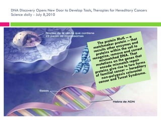 DNA Discovery Opens New Door to Develop Tools, Therapies for Hereditary Cancers Science daily - July 8,2010 The protein MutL -- a matchmaker protein -- that recruits other enzymes and proteins within the cell to recognize, remove and correct mismatched DNA. That mutations on the genes that encode mismatch repair proteins give rise to two forms of familial cancer -- hereditary non-polyposis colorectal cancer and Turcot Syndrome. 