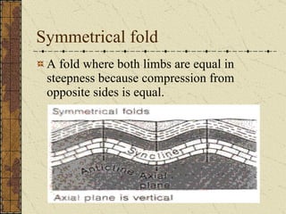Symmetrical fold A fold where both limbs are equal in steepness because compression from opposite sides is equal.