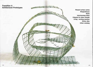 Transition 4
Achitectural Prototypes
104
Warped surface series
Wrappedhouse
Niche
Intertwinning tubes
Lifepods for urban nomads
Living -working machine
Hollow dike
Urban camping
105
 