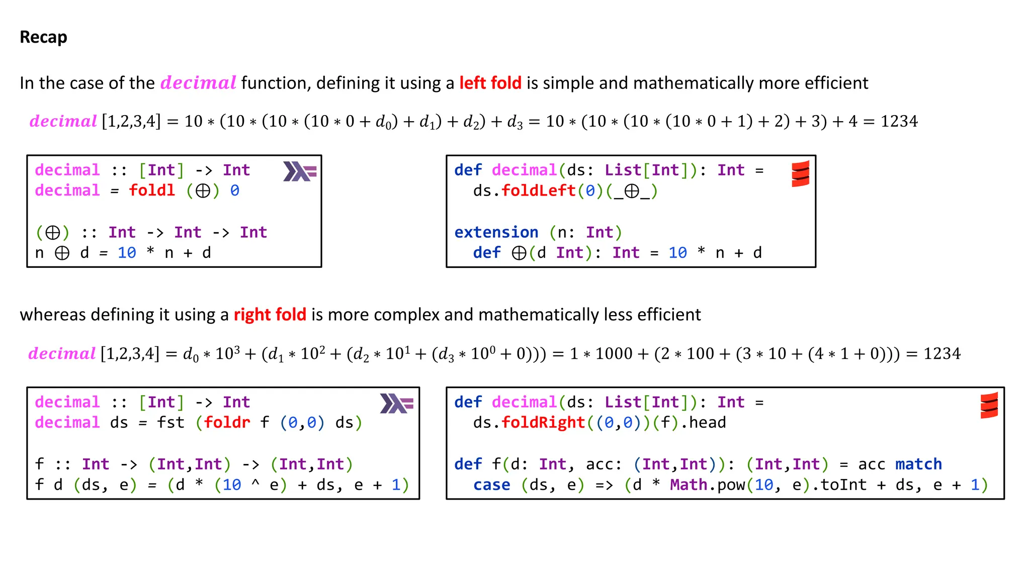 Recap
In the case of the 𝒅𝒆𝒄𝒊𝒎𝒂𝒍 function, defining it using a left fold is simple and mathematically more efficient
whereas defining it using a right fold is more complex and mathematically less efficient
def decimal(ds: List[Int]): Int =
ds.foldRight((0,0))(f).head
def f(d: Int, acc: (Int,Int)): (Int,Int) = acc match
case (ds, e) => (d * Math.pow(10, e).toInt + ds, e + 1)
decimal :: [Int] -> Int
decimal ds = fst (foldr f (0,0) ds)
f :: Int -> (Int,Int) -> (Int,Int)
f d (ds, e) = (d * (10 ^ e) + ds, e + 1)
decimal :: [Int] -> Int
decimal = foldl (⊕) 0
(⊕) :: Int -> Int -> Int
n ⊕ d = 10 * n + d
def decimal(ds: List[Int]): Int =
ds.foldLeft(0)(_⊕_)
extension (n: Int)
def ⊕(d Int): Int = 10 * n + d
𝒅𝒆𝒄𝒊𝒎𝒂𝒍 1,2,3,4 = 𝑑0 ∗ 103 + (𝑑1 ∗ 102 + (𝑑2 ∗ 101 + (𝑑3 ∗ 100 + 0))) = 1 ∗ 1000 + (2 ∗ 100 + (3 ∗ 10 + (4 ∗ 1 + 0))) = 1234
𝒅𝒆𝒄𝒊𝒎𝒂𝒍 1,2,3,4 = 10 ∗ 10 ∗ 10 ∗ 10 ∗ 0 + 𝑑0 + 𝑑1 + 𝑑2 + 𝑑3 = 10 ∗ (10 ∗ 10 ∗ 10 ∗ 0 + 1 + 2 + 3) + 4 = 1234
 