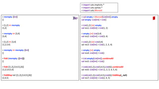 > mempty::[Int]
[]
> [1,2] <> mempty
[1,2]
> mempty <> [3,4]
[3,4]
> [1,2] <> [3,4]
[1,2,3,4]
> mempty <> mempty::[Int]
[]
> fold (mempty::[[Int]])
[]
> fold [[1,2],[3,4,5],[6]]
[1,2,3,4,5,6]
> foldMap tail [[1,2],[3,4,5],[6]]
[2,4,5]
> val empty = Monoid[List[Int]].empty
val empty: List[Int] = List()
> List(1,2) |+| empty
val res1: List[Int] = List(1, 2)
> empty |+| List(3,4)
val res2: List[Int] = List(3, 4)
> List(1,2) |+| List(3,4)
val res3: List[Int] = List(1, 2, 3, 4)
> empty |+| empty
val res4: List[Int] = List()
> List.empty[List[Int]].combineAll
val res5: List[Int] = List()
> List(List(1,2),List(3,4,5),List(6)).combineAll
val res6: List[Int] = List (1, 2, 3, 4, 5, 6)
> List(List(1,2),List(3,4,5),List(6)).foldMap(_.tail)
val res7: List[Int] = List(2, 4, 5)
> import cats.implicits.*
> import cats.syntax.*
> import cats.Monoid
 