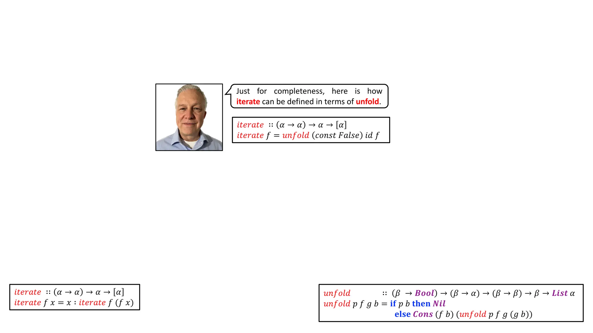 𝑖𝑡𝑒𝑟𝑎𝑡𝑒 ∷ 𝛼 → 𝛼 → 𝛼 → 𝛼
𝑖𝑡𝑒𝑟𝑎𝑡𝑒 𝑓 = 𝑢𝑛𝑓𝑜𝑙𝑑 𝑐𝑜𝑛𝑠𝑡 𝐹𝑎𝑙𝑠𝑒 𝑖𝑑 𝑓
Just for completeness, here is how
iterate can be defined in terms of unfold.
𝑢𝑛𝑓𝑜𝑙𝑑 ∷ 𝛽 → 𝑩𝒐𝒐𝒍 → (𝛽 → 𝛼) → (𝛽 → 𝛽) → 𝛽 → 𝑳𝒊𝒔𝒕 𝛼
𝑢𝑛𝑓𝑜𝑙𝑑 𝑝 𝑓 𝑔 𝑏 = 𝐢𝐟 𝑝 𝑏 𝐭𝐡𝐞𝐧 𝑵𝒊𝒍
𝐞𝐥𝐬𝐞 𝑪𝒐𝒏𝒔 (𝑓 𝑏) (𝑢𝑛𝑓𝑜𝑙𝑑 𝑝 𝑓 𝑔 (𝑔 𝑏))
𝑖𝑡𝑒𝑟𝑎𝑡𝑒 ∷ 𝛼 → 𝛼 → 𝛼 → 𝛼
𝑖𝑡𝑒𝑟𝑎𝑡𝑒 𝑓 𝑥 = 𝑥 ∶ 𝑖𝑡𝑒𝑟𝑎𝑡𝑒 𝑓 (𝑓 𝑥)
 
