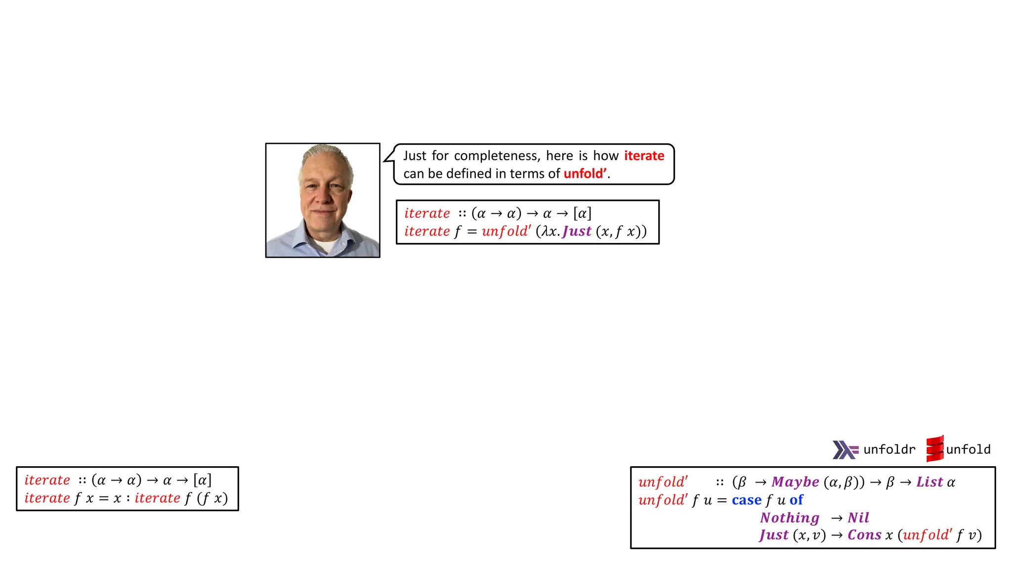𝑖𝑡𝑒𝑟𝑎𝑡𝑒 ∷ 𝛼 → 𝛼 → 𝛼 → 𝛼
𝑖𝑡𝑒𝑟𝑎𝑡𝑒 𝑓 = 𝑢𝑛𝑓𝑜𝑙𝑑′ 𝜆𝑥. 𝑱𝒖𝒔𝒕 (𝑥, 𝑓 𝑥)
Just for completeness, here is how iterate
can be defined in terms of unfold’.
𝑖𝑡𝑒𝑟𝑎𝑡𝑒 ∷ 𝛼 → 𝛼 → 𝛼 → 𝛼
𝑖𝑡𝑒𝑟𝑎𝑡𝑒 𝑓 𝑥 = 𝑥 ∶ 𝑖𝑡𝑒𝑟𝑎𝑡𝑒 𝑓 (𝑓 𝑥)
𝑢𝑛𝑓𝑜𝑙𝑑′ ∷ 𝛽 → 𝑴𝒂𝒚𝒃𝒆 (𝛼, 𝛽) → 𝛽 → 𝑳𝒊𝒔𝒕 𝛼
𝑢𝑛𝑓𝑜𝑙𝑑′ 𝑓 𝑢 = 𝐜𝐚𝐬𝐞 𝑓 𝑢 𝐨𝐟
𝑵𝒐𝒕𝒉𝒊𝒏𝒈 → 𝑵𝒊𝒍
𝑱𝒖𝒔𝒕 (𝑥, 𝑣) → 𝑪𝒐𝒏𝒔 𝑥 (𝑢𝑛𝑓𝑜𝑙𝑑′ 𝑓 𝑣)
unfoldr unfold
 