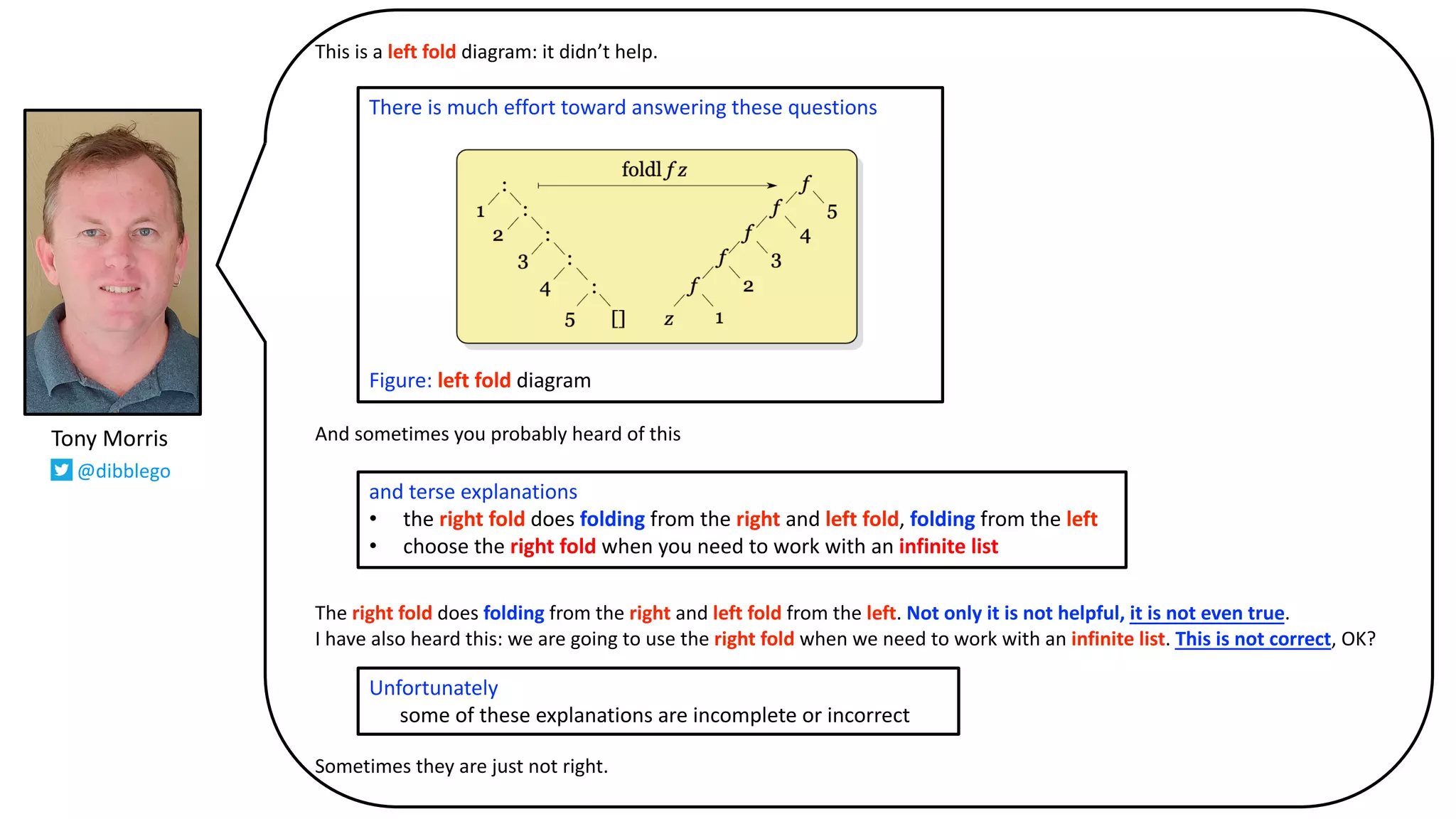 This is a left fold diagram: it didn’t help.
And sometimes you probably heard of this
The right fold does folding from the right and left fold from the left. Not only it is not helpful, it is not even true.
I have also heard this: we are going to use the right fold when we need to work with an infinite list. This is not correct, OK?
Sometimes they are just not right.
There is much effort toward answering these questions
Figure: left fold diagram
and terse explanations
• the right fold does folding from the right and left fold, folding from the left
• choose the right fold when you need to work with an infinite list
Unfortunately
some of these explanations are incomplete or incorrect
Tony Morris
@dibblego
 